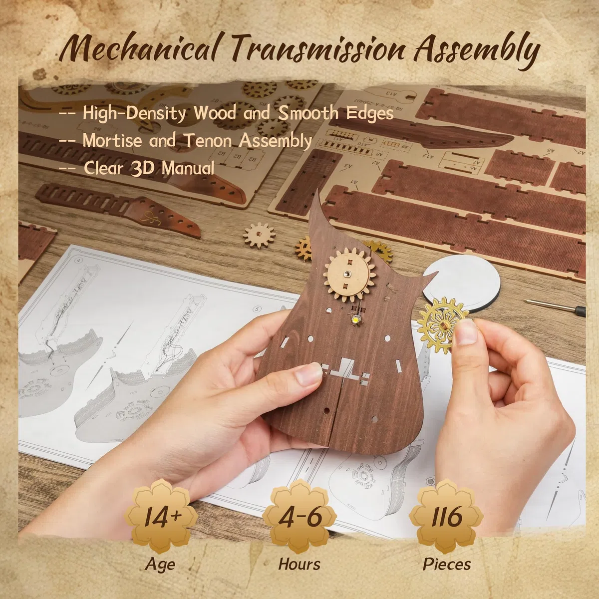 FUNPOLA Puzzle 3D en Bois Guitare à accords LED Kit – Modèle de Guitare Acoustique jouable avec lumières LED, Puzzle mécanique Musical DIY pour Adultes et Adolescents