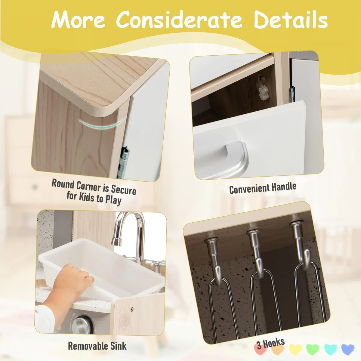 HOMASIS Cuisine pour Enfants en Bois avec Lumière et Son - Set de Jeu avec Lavabo, Cuisinière, Four et Accessoires - Cuisine d'Angle