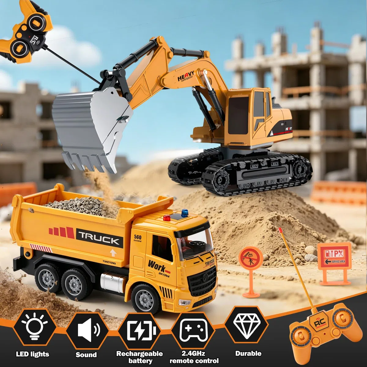 Camion-Benne Télécommandé,Véhicule de Construction RC avec Pelleteuse TélécommandéJouet Construction avec Lumières et Sons,Cadeau de Noël et d'anniversaire pour Garçon de 3 4 5 6 7 8 Ans (A)
