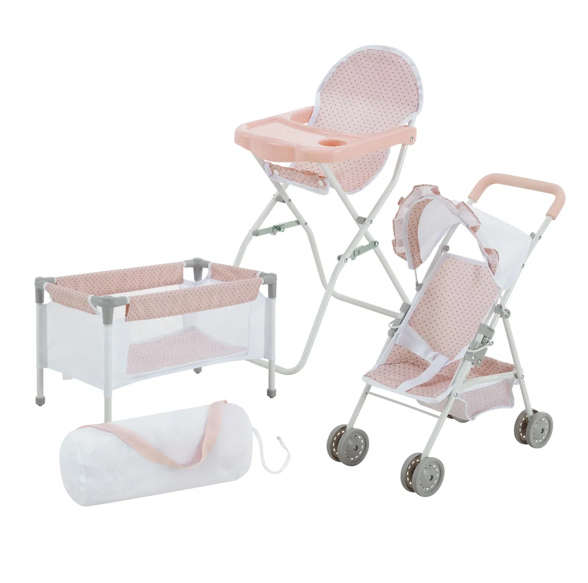 Olivia's Little World Station de Nurserie 3pcs Lit Bebe Chaise Haute et Poussette Rose Gris