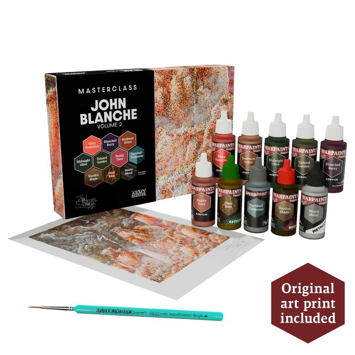 The Army Painter, Masterclass John Blanche Volume 2 combo, 6 Warpaints Fanatic, 1 Speedpaint, 1 lavis, 1 effet, 1 métallique, 1 art print, 1 pinceau – Peinture pour figurines de wargame.