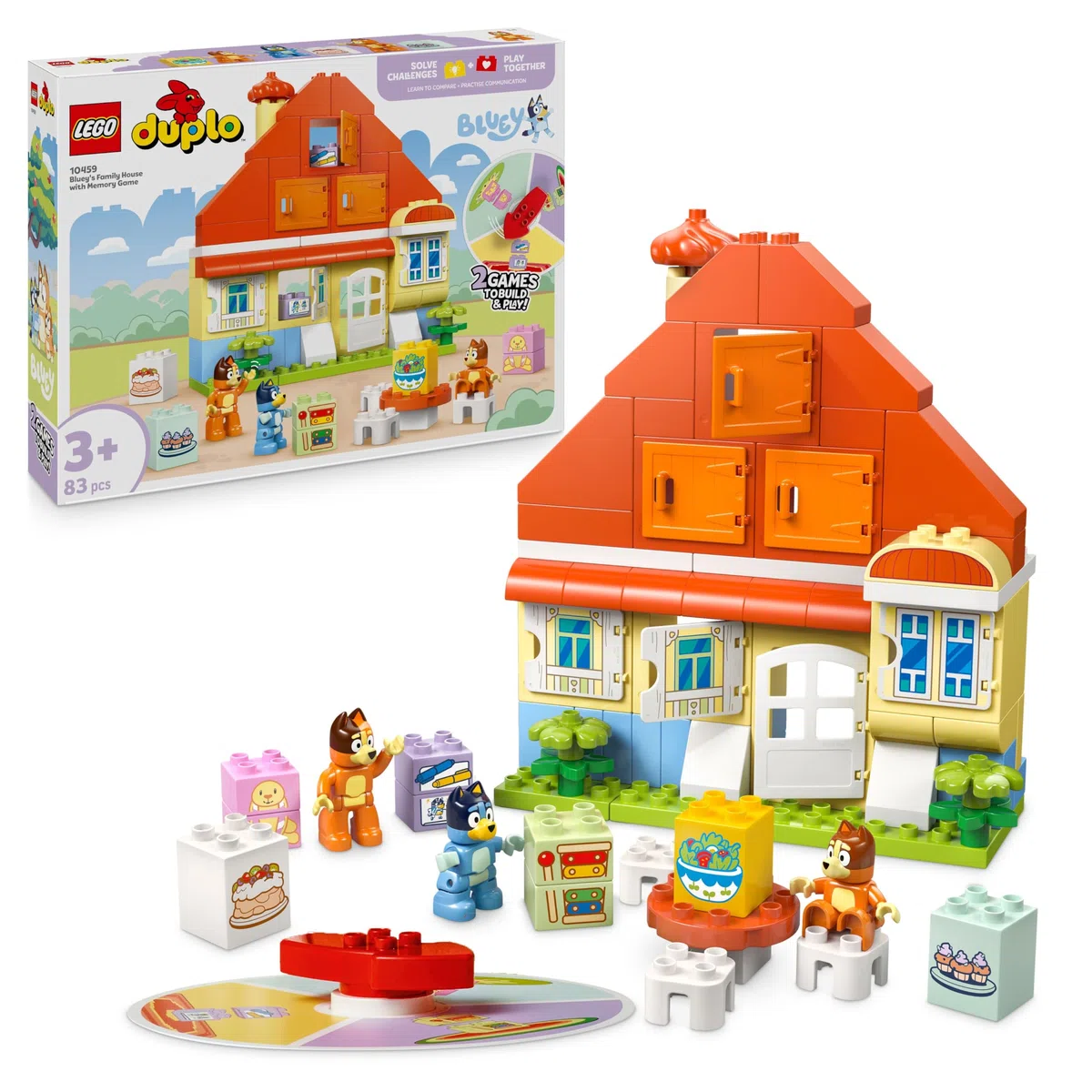 LEGO Duplo La Maison de Famille de Bluey et Le Jeu de Mémoire - Jouet Interactif Inspiré du Jeu de Société - 3 Figurines, Fenêtres & Roue Fonctionnelles - Cadeau pour Fille ou Garçon dès 3 Ans 10459