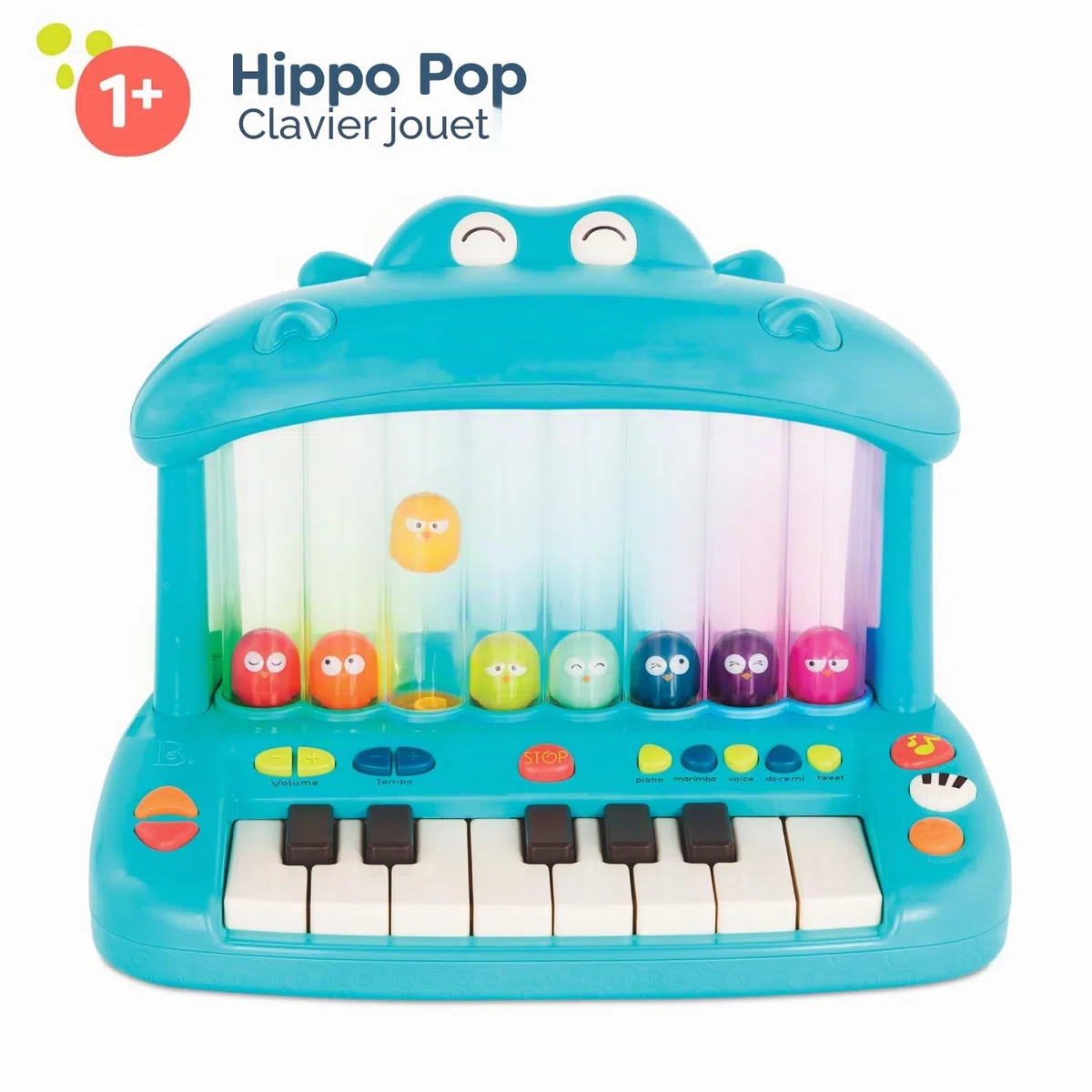 B. toys Hippo Pop Clavier Jouet Lumineux Piano à Oiseaux bondissants | Piano jouet avec 8 touches, 15 chansons, 6 comptines, 26 sons, 5 modes musicaux et réglage du tempo, Lot de 1, 1 ans et +