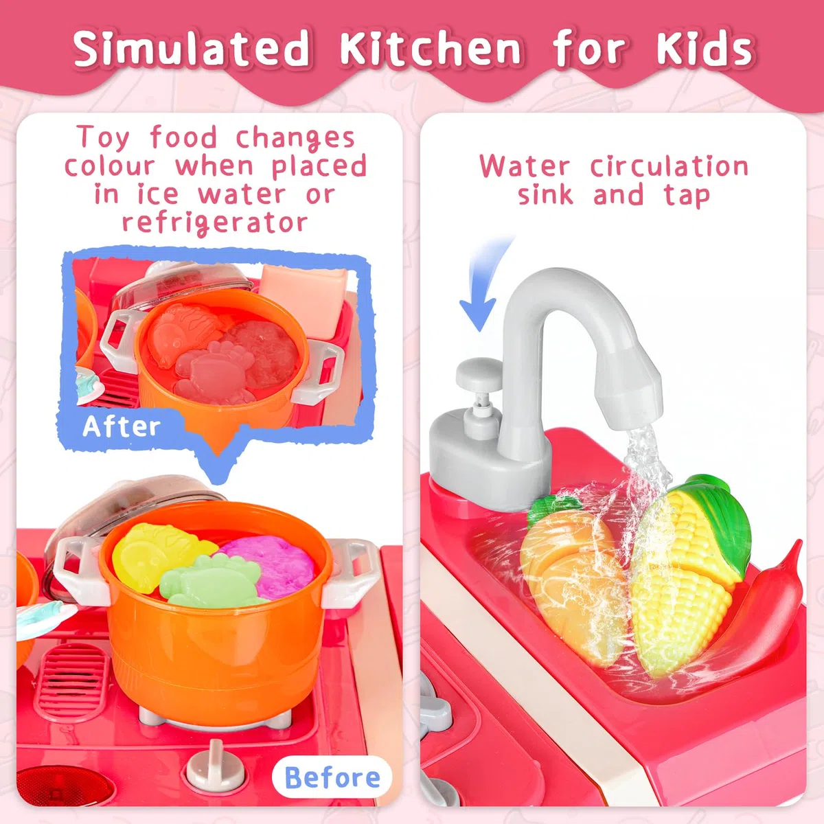 deAO Kit Cuisine pour Enfants,avec Ustensiles De Cuisine,Lumière,Son,Eau,Vapeur D’Eau Imitant La Cuisson,Cuisine Enfant 2 Ans,Taille 78x28x70CM