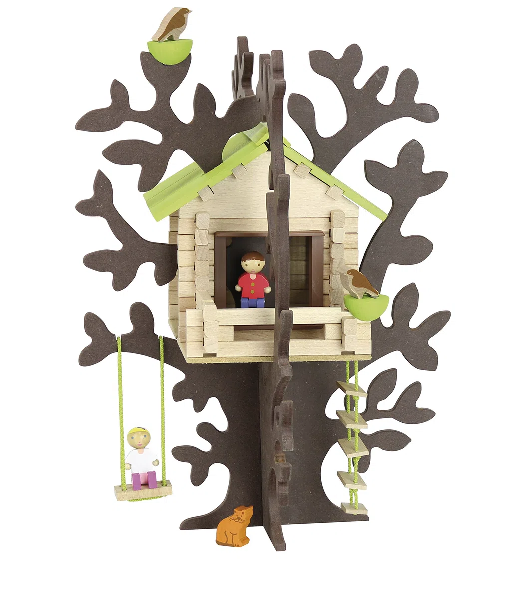 Jeujura - 8075- Jeux de Construction-Cabane Dans les Arbres, Norme | Personnages et animaux inclus - Valisette de rangement - Jeu en bois enfant - Imagination - Fabriqué en France
