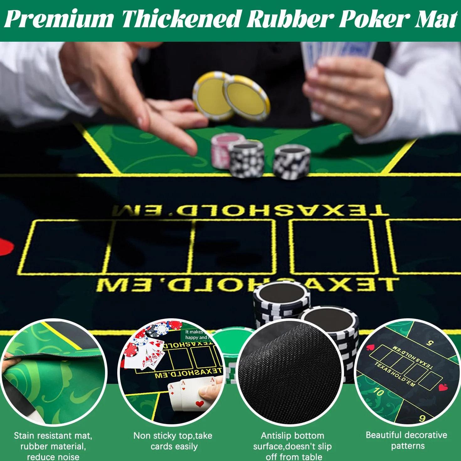 Tapis de poker 180 x 90 cm, tapis de poker Texas Hold'em en caoutchouc pour 10 joueurs, dessus de table de poker portable, pour cartes à jouer, jeux de poker, blackjack, casino, avec sac de transport