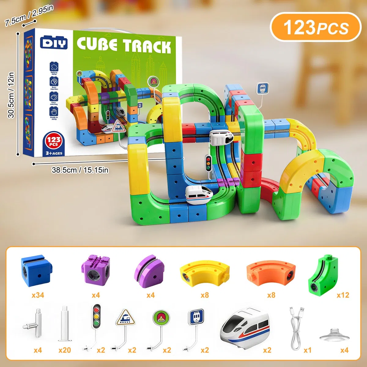 123 PCS Ensemble de train électrique,3D Cube De Rail Magique avec Train Motorisé Défiant La Gravité,Jouet De Construction d'apprentissage Flexible,Cadeau Créatif Circuit Trains électrique pour Enfants