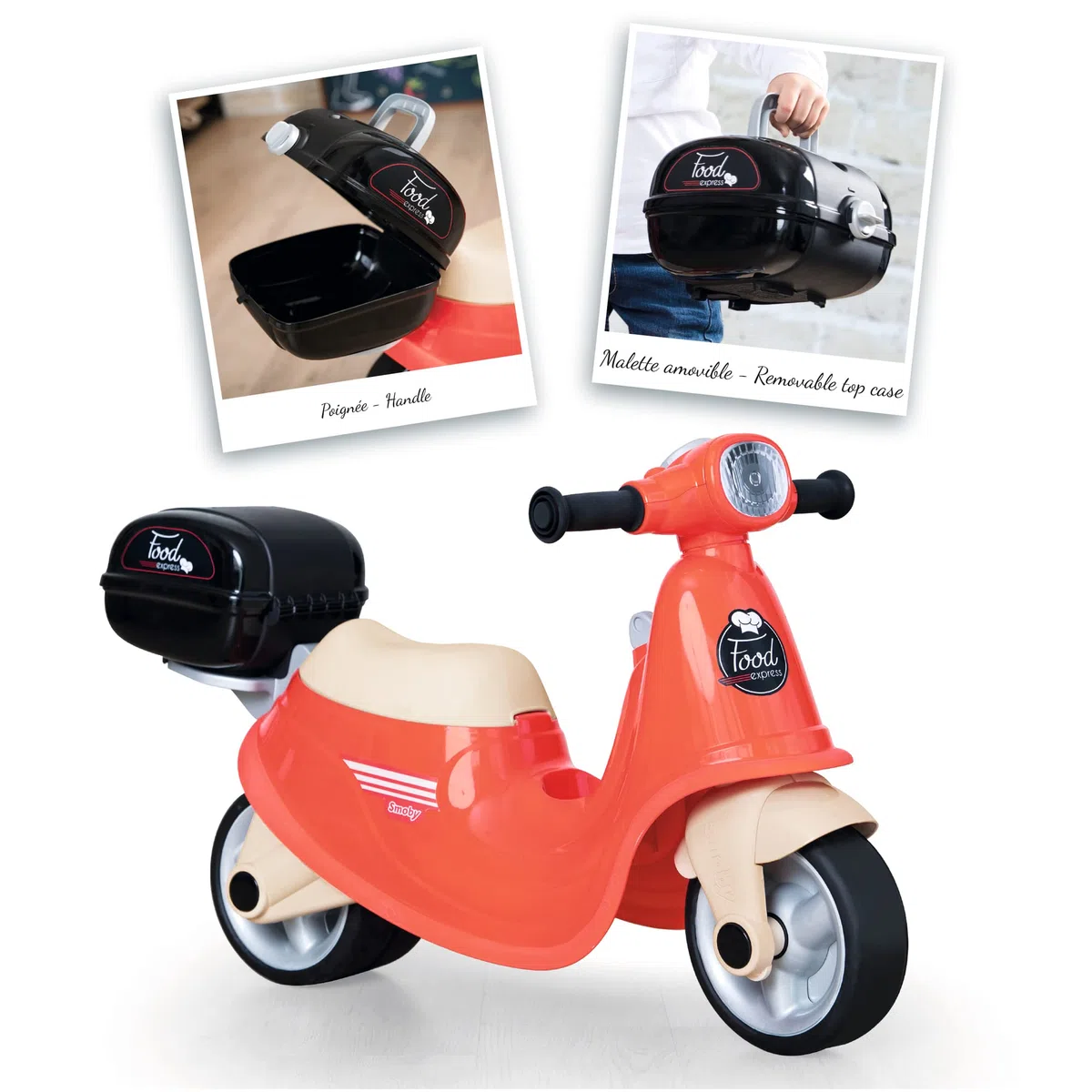 Smoby - Porteur Scooter Food Express - Rouge - Roues Silencieuses - Porte-Bagage - Mallette Amovible - Coffre à Jouets, Phare, Clé Mécanique - Dès 18 Mois