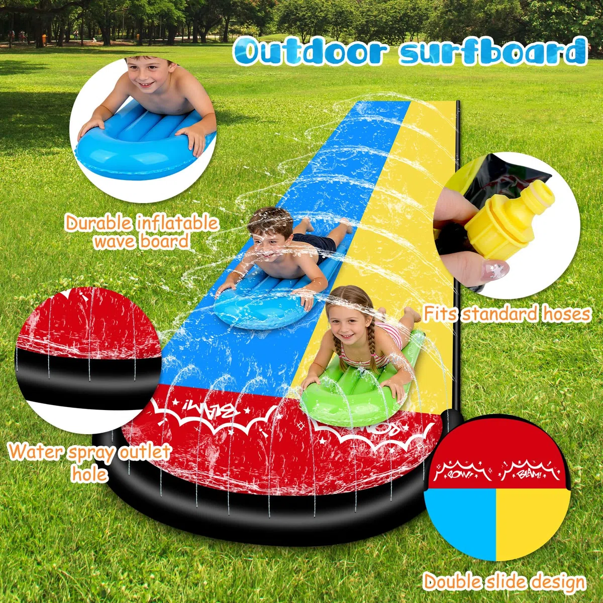 Toboggan Aquatique, 480 x 140cm Toboggan pour Pelouse Double Toboggan à Eau, Toboggan de Pelouse d'été avec Arroseur Intégré avec 2 Planches Gonflables pour Jeux d'eau en Extérieur