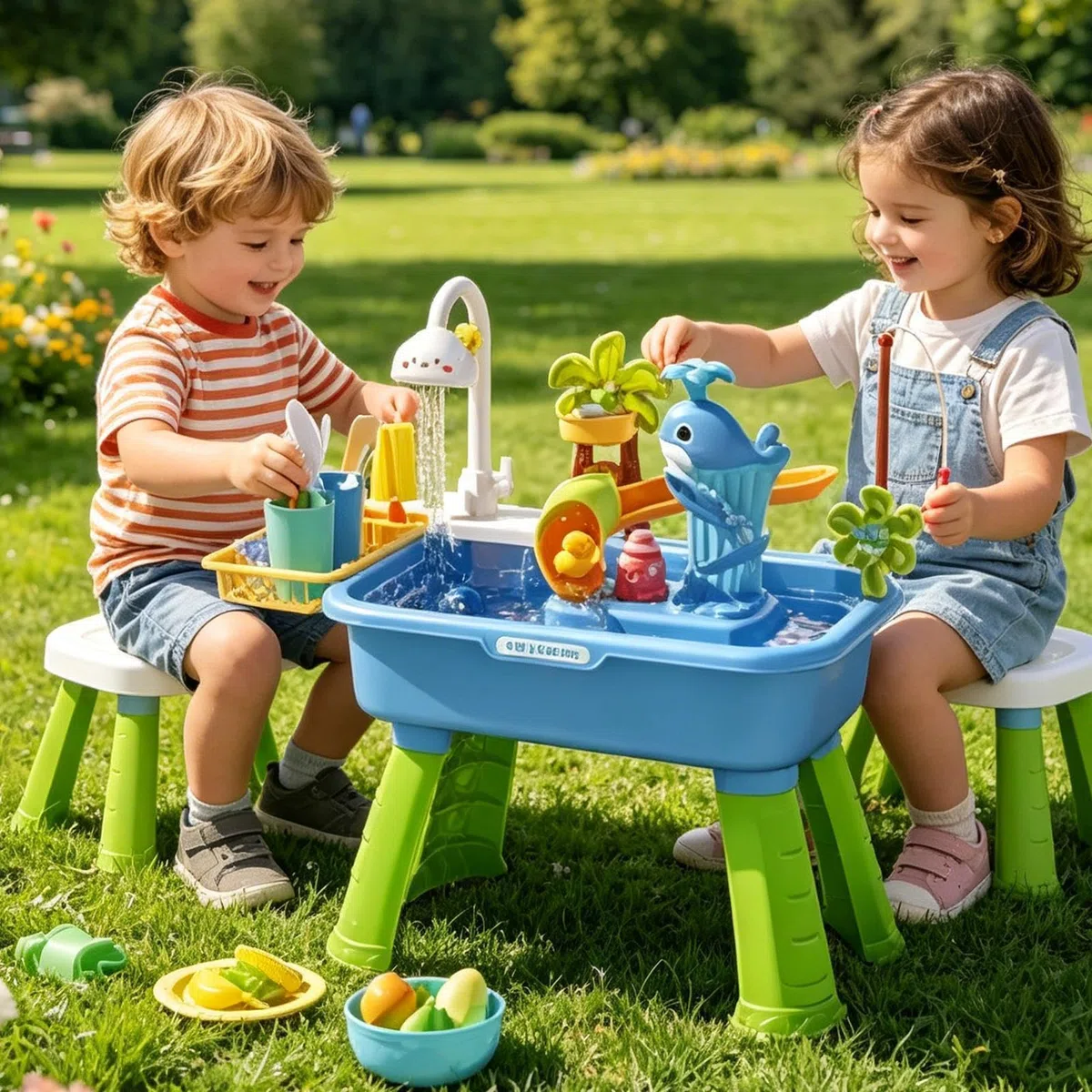 Générique Table De Sable Et d'eau, Evier De Cuisine Jouet avec Pompe Circulation Automatique Et Eau Courante pour Jardin Piscine Exterieur, Peche Ludique pour Coordination