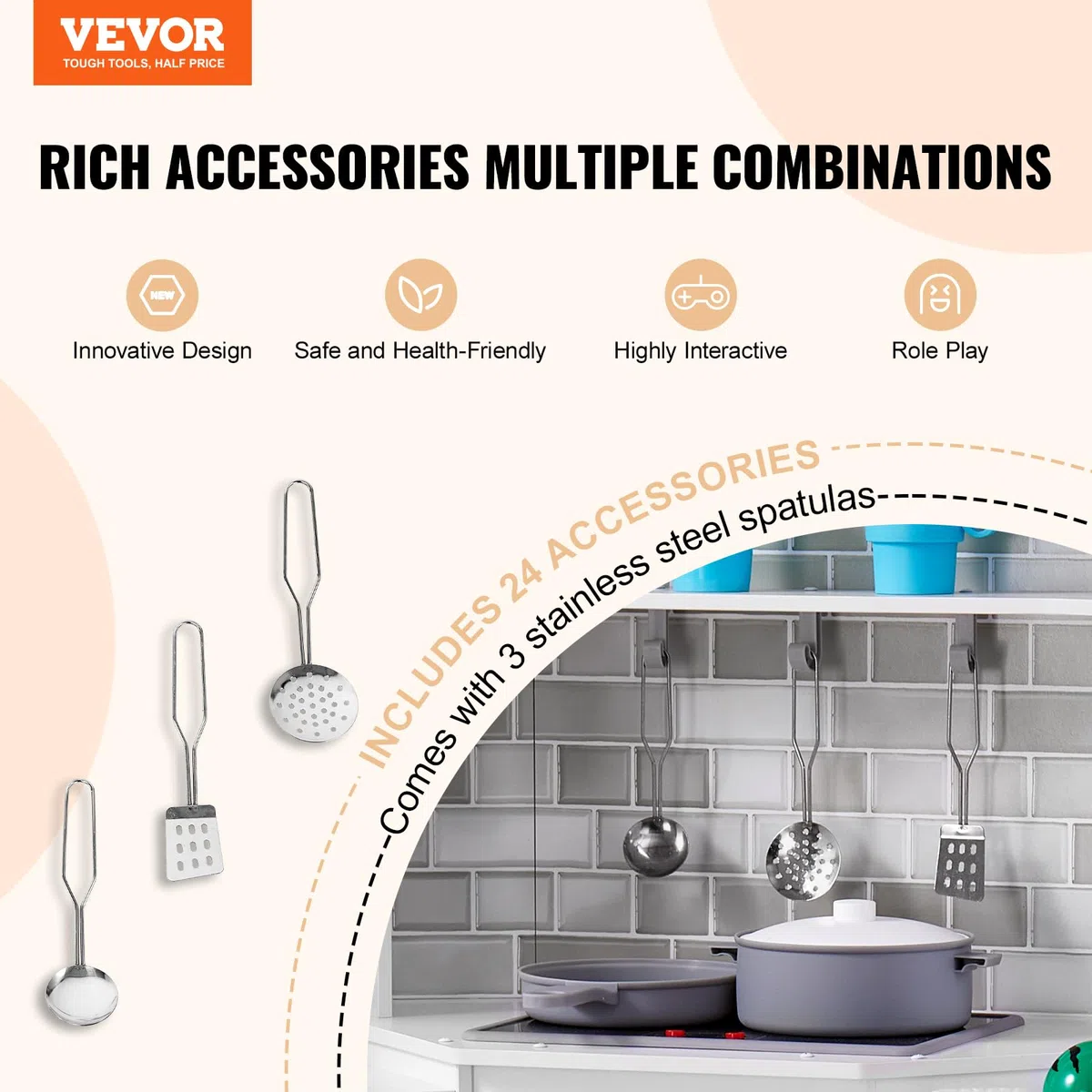 VEVOR Cuisine pour Enfants, Ensemble Cuisine d'angle en Bois, Lumières, Sons, Machine à Glaçons, Four, Évier, Horloge, Micro-Ondes, Réfrigérateur, pour Tout-Petits, Enfants d'Âge Préscolaire, Blanc