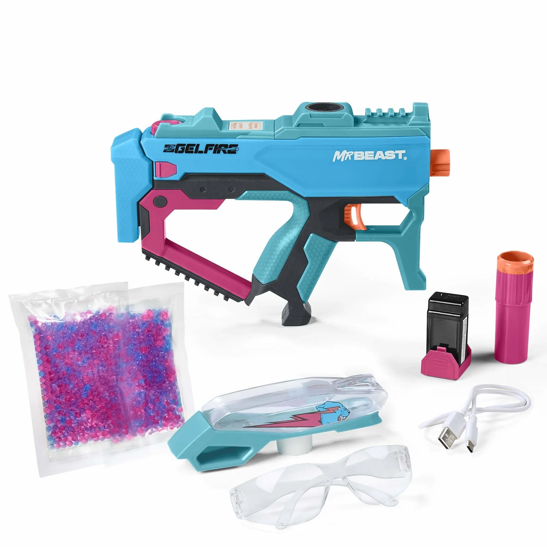 Nerf Pro Gelfire X MrBeast Blaster, 1600 Gelfire Rounds, 300 Round Hopper, Batterie Rechargeable, Lunettes