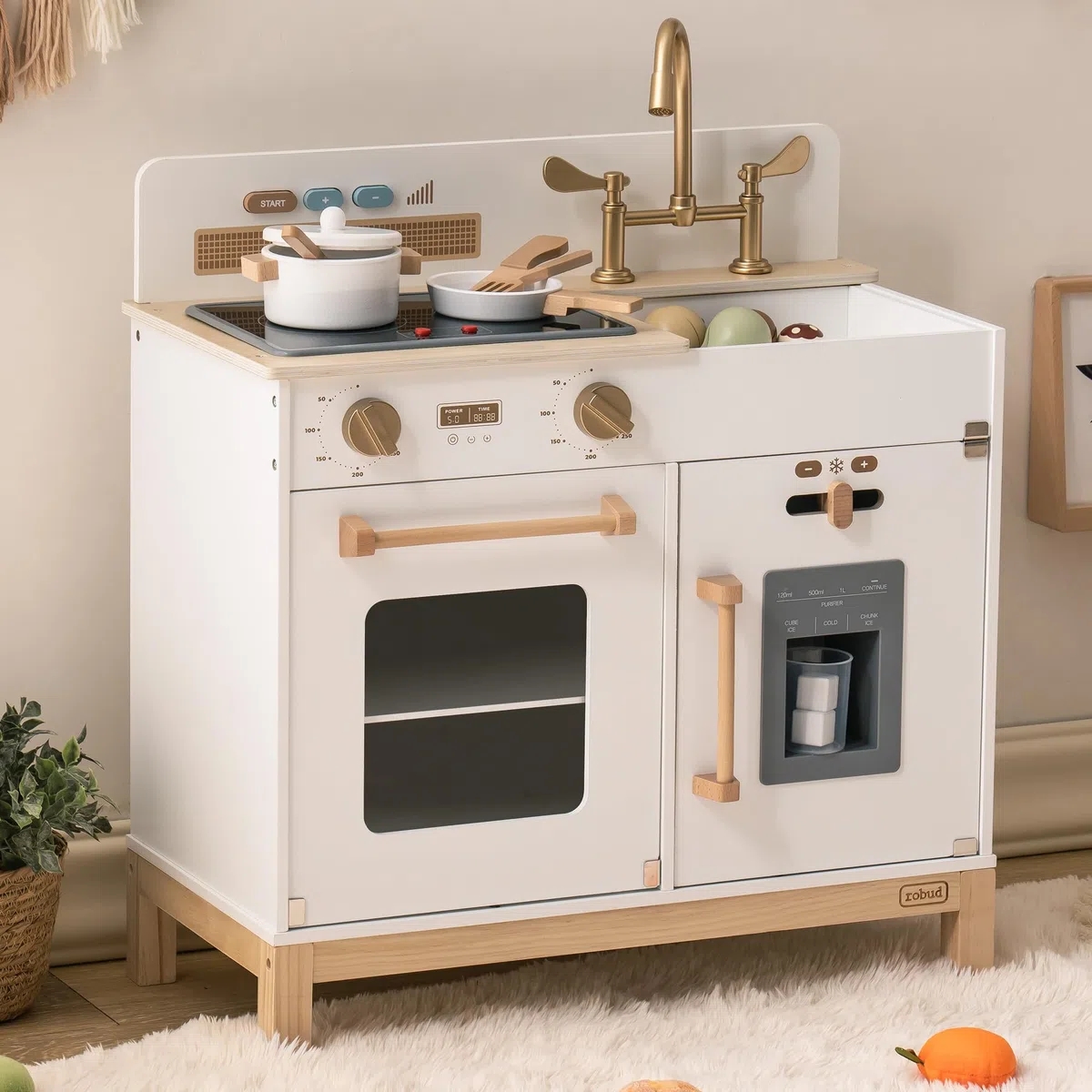ROBUD Cuisine en Bois pour Enfants, Style Moderne, Blanc et Or, avec Four, Évier et Réfrigérateur, Accessoires de Cuisine Inclus