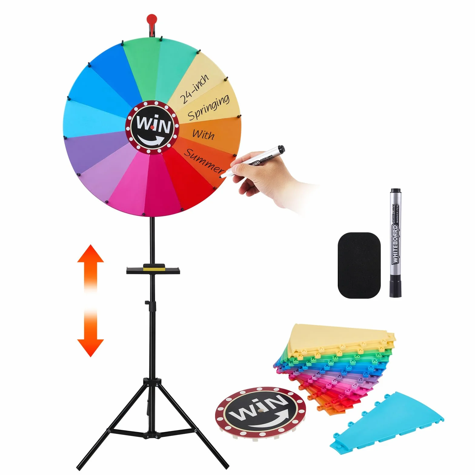 Grande roue porte-bonheur de 61 cm à tourner - Roue de fortune pour créer des dauphins - Avec 14 places de prix de couleur réglables - Support réglable de 100 à 160 cm - Roue rotative - Jouet pour