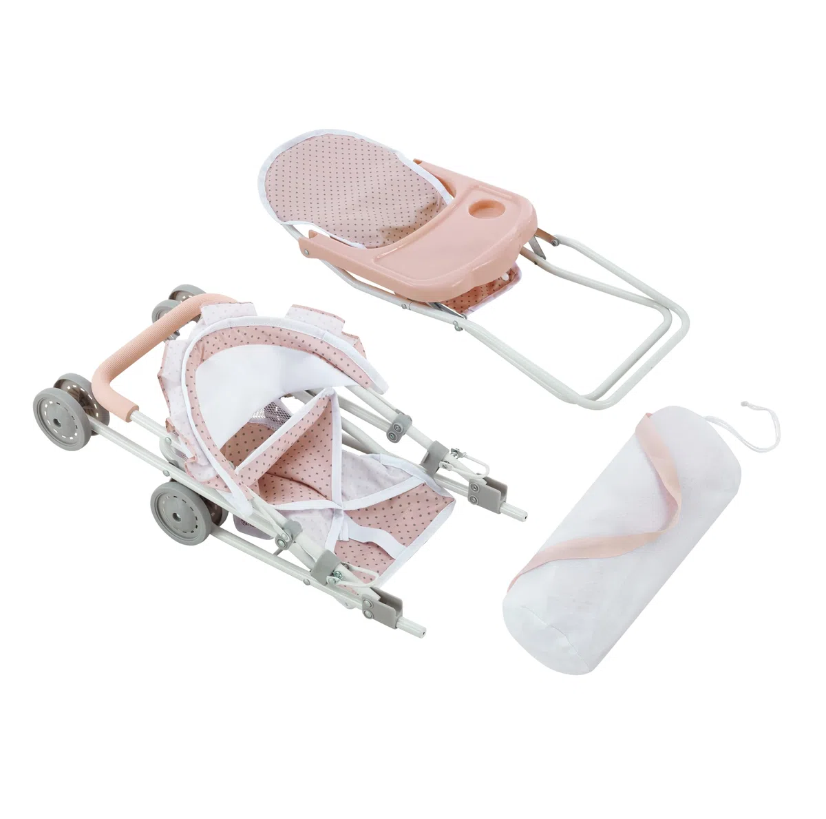 Olivia's Little World Station de Nurserie 3pcs Lit Bebe Chaise Haute et Poussette Rose Gris
