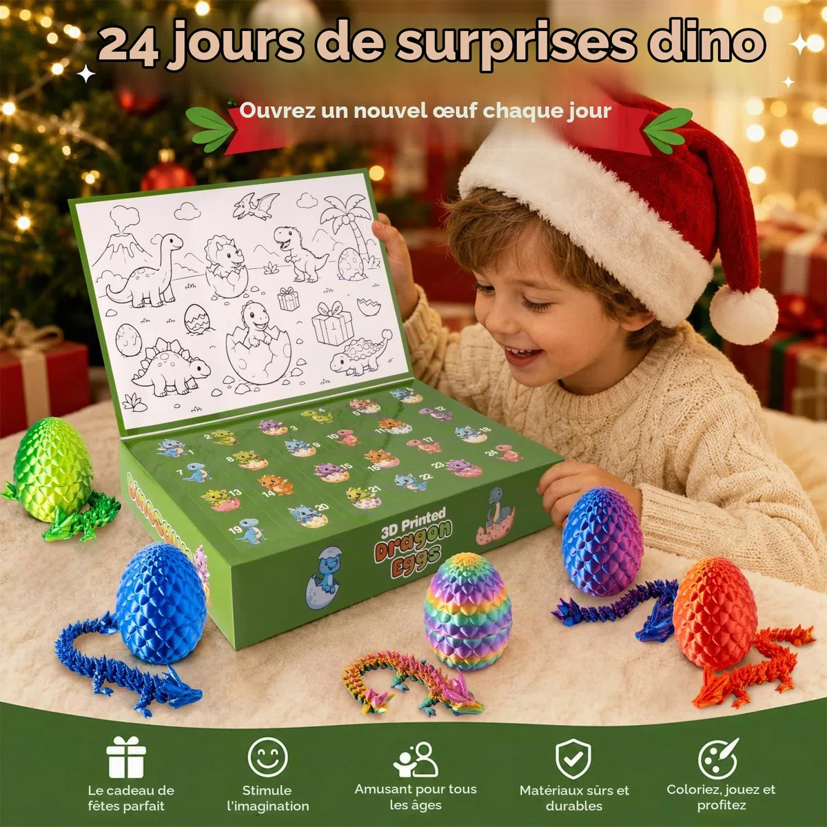 Calendrier de l’Avent Dinosaure 2026, 24 Œufs de Dragon 3D avec Figurines Articulées, 20 Modèles + 4 Cachés Lumineux, Jouet Créatif Cadeau Noël Enfant