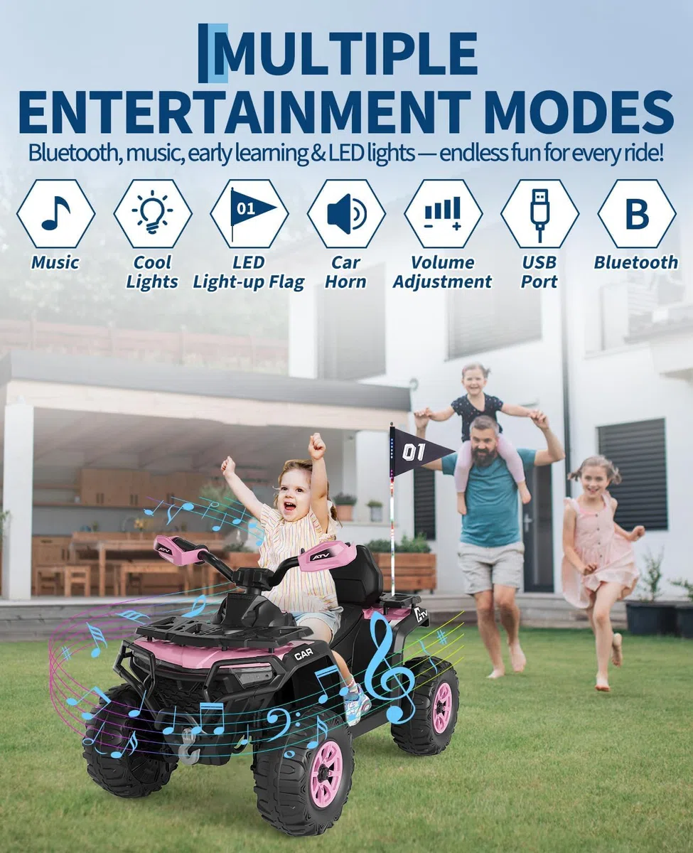 Quad Électrique Enfant 12V avec Musique et Phares, Voiture Électrique à Double Moteur avec USB et Bluetooth, Vitesse 3-5 km/h, Véhicule Tout-Terrain à Batterie pour Enfants 3+ Ans, Rose