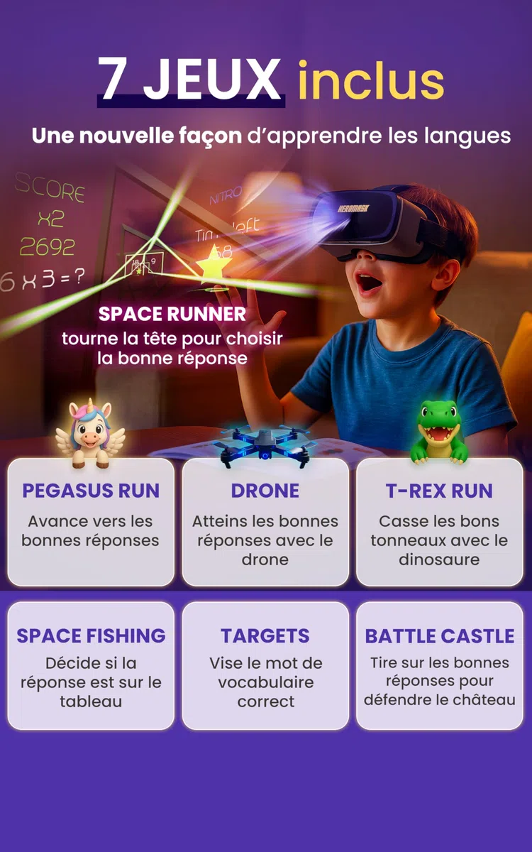 Heromask Casque VR Enfant 5-12 Ans · Jeux de Langues Réalité Virtuelle | Anglais, espagnol et allemand en jouant en VR. iPhone/Android. Cadeau original éducatif pour enfant