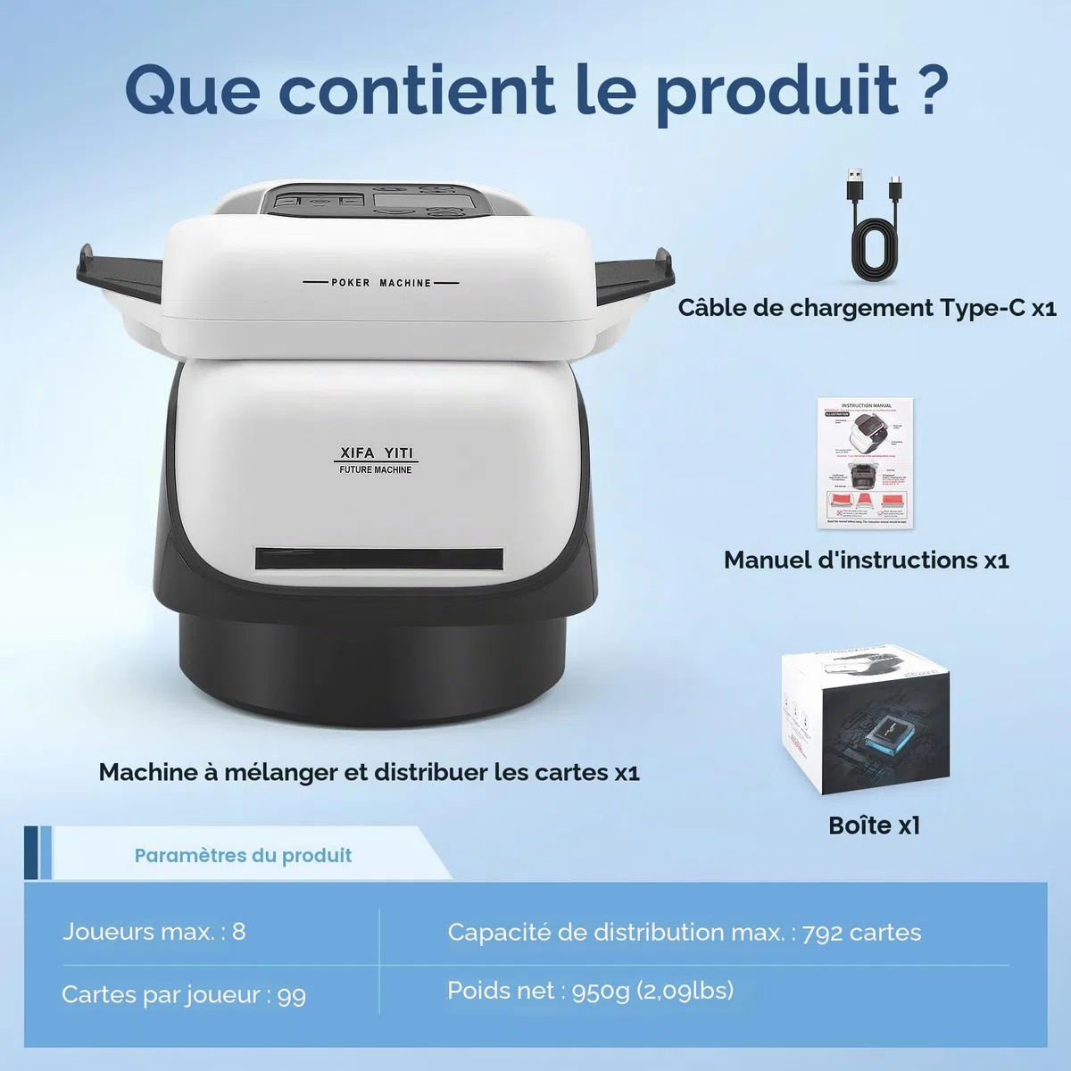 Mélangeur de cartes automatique 2-en-1 et machine à distribuer pour 2-8 joueurs, rotation à 360 degrés, dés intégrés, batterie 5000mAh, 5 modes de jeu pour Texas Hold'em et Blackjack (2-EN-1