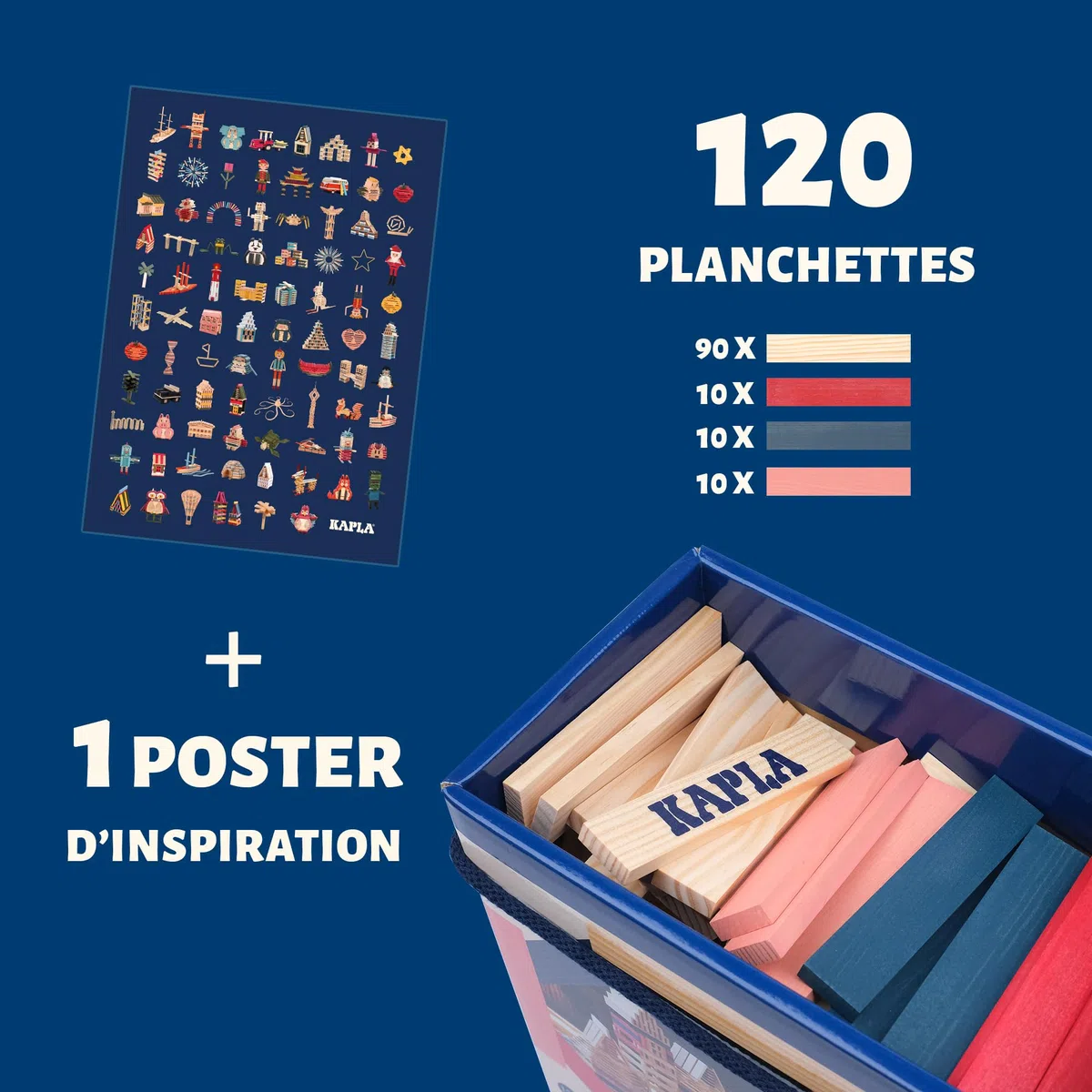 KAPLA - Jeu de Construction avec 120 planchettes en Bois colorés (Nature, Rouge, Rose, Bleu Foncé), Jouet en Bois, dès 2 Ans