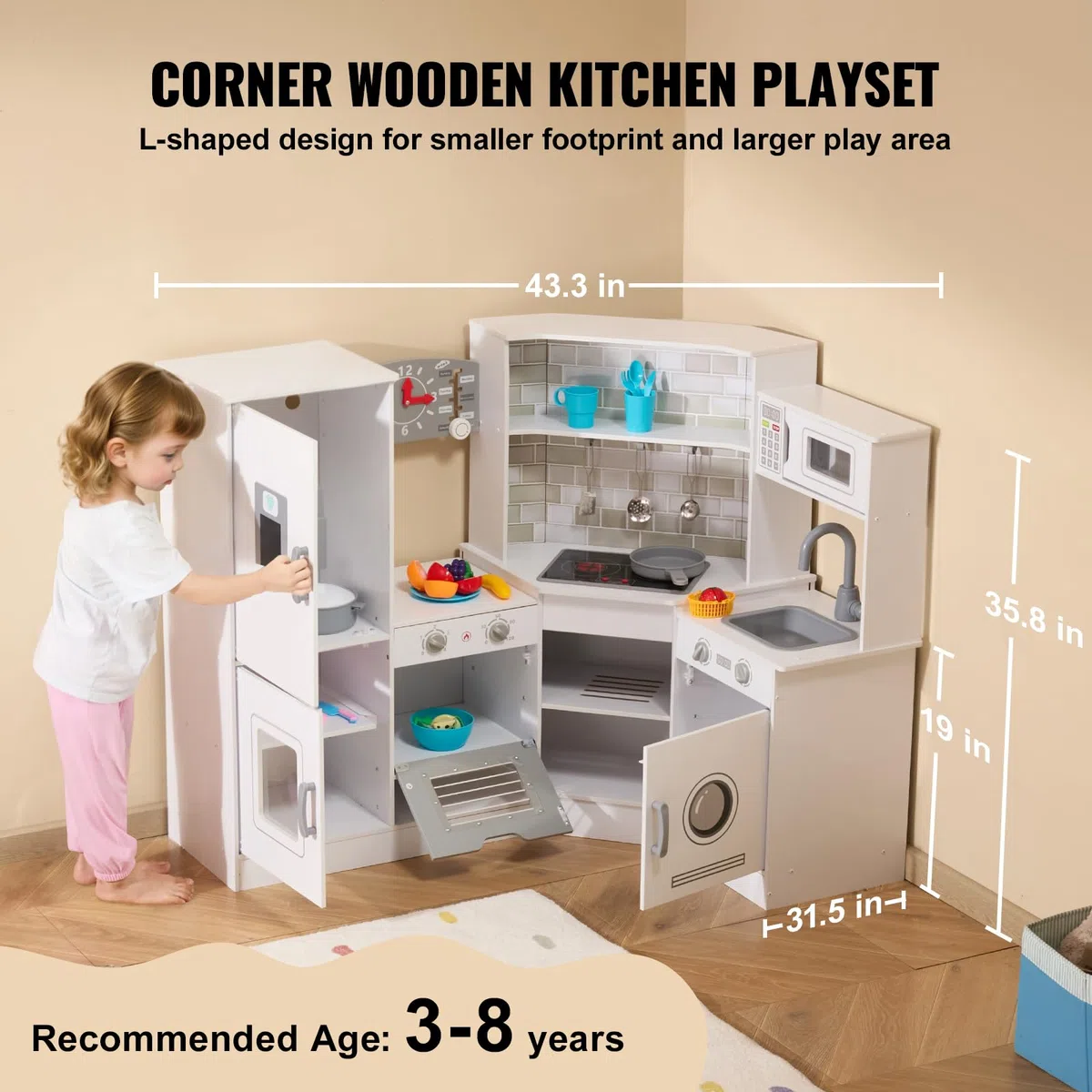 VEVOR Cuisine pour Enfants, Ensemble Cuisine d'angle en Bois, Lumières, Sons, Machine à Glaçons, Four, Évier, Horloge, Micro-Ondes, Réfrigérateur, pour Tout-Petits, Enfants d'Âge Préscolaire, Blanc