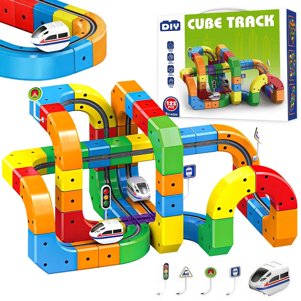 123 PCS Ensemble de train électrique,3D Cube De Rail Magique avec Train Motorisé Défiant La Gravité,Jouet De Construction d'apprentissage Flexible,Cadeau Créatif Circuit Trains électrique pour Enfants