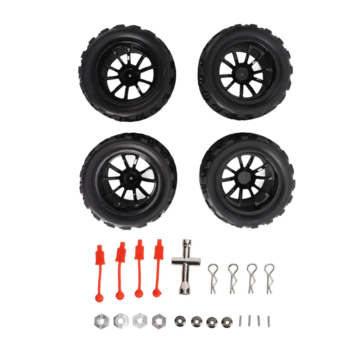 Socobeta Roues et Pneus RC 1/10, 4 Pièces RC Pneus de Voiture en Caoutchouc Noir RC Pneus et Roues Ensemble de Jantes Compatibles avec TRAXXAS Slash RC Short Course Truck 1/10