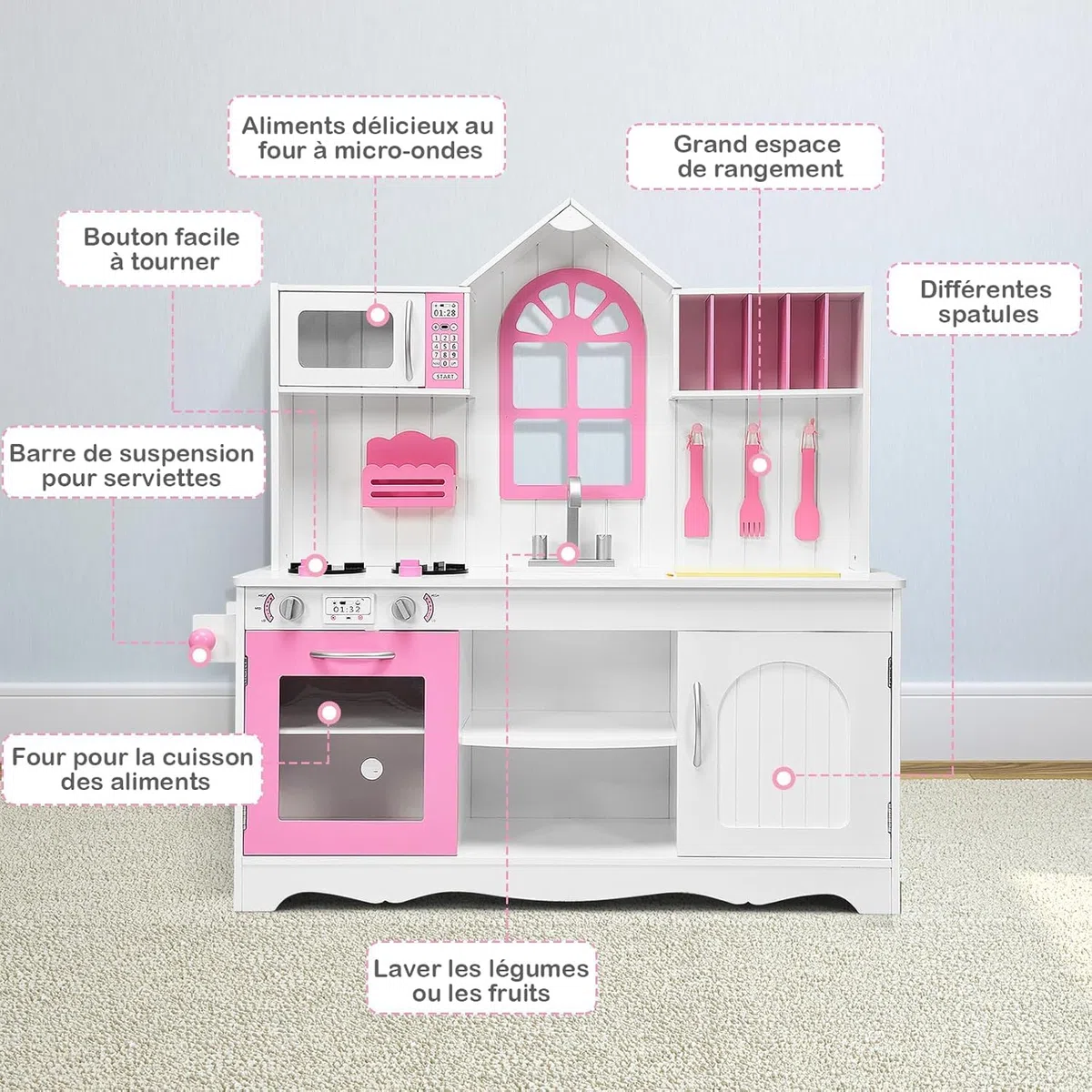 GOPLUS Cuisine en Bois Enfant, Jouet de Cuisine avec Four, Micro-Ondes et Cuisinière à Gaz, Ensemble de Jeu de Cuisine avec Accessoires Riches, Cadeau pour 3+ Ans, 106,5x32x109CM, Blanc et Rose