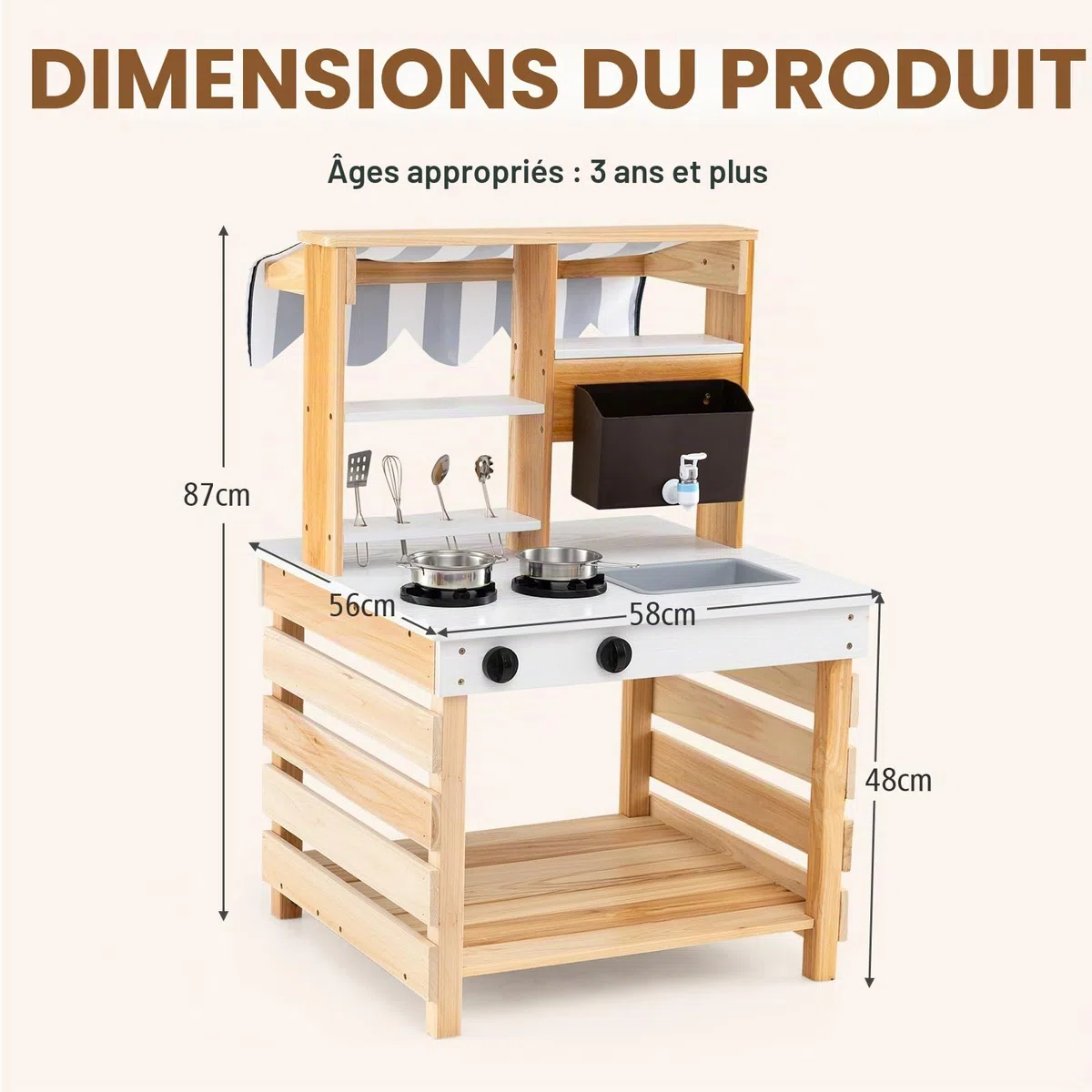 HOMASIS 2 en 1 Cuisine en Bois Double Face pour Enfants, Jouet d'Imitation pour Enfant avec Auvent, Evier Amovible, Réservoir d’Eau et Robinet, Ensemble de Cuisine d'Extérieur de Sapin, Naturel