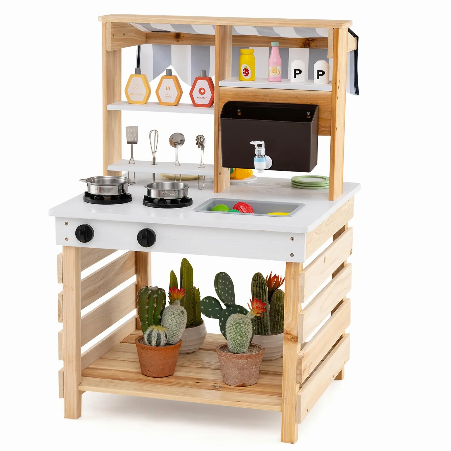 HOMASIS 2 en 1 Cuisine en Bois Double Face pour Enfants, Jouet d'Imitation pour Enfant avec Auvent, Evier Amovible, Réservoir d’Eau et Robinet, Ensemble de Cuisine d'Extérieur de Sapin, Naturel