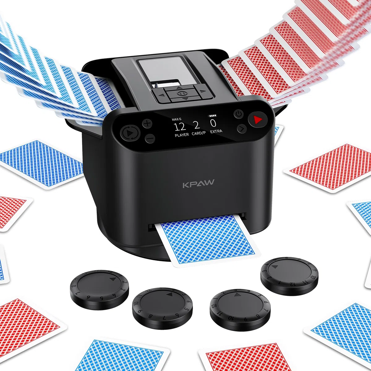 KPAW Mélangeur Automatique de Cartes et Croupier – 1 à 2 Jeux Prend en Charge 12 Joueurs, 4 télécommandes de Dessin, Jeux intégrés, Offre à 360°/180°, pour Poker, UNO, Phase 10, Skip-Bo, Rummy (Noir)