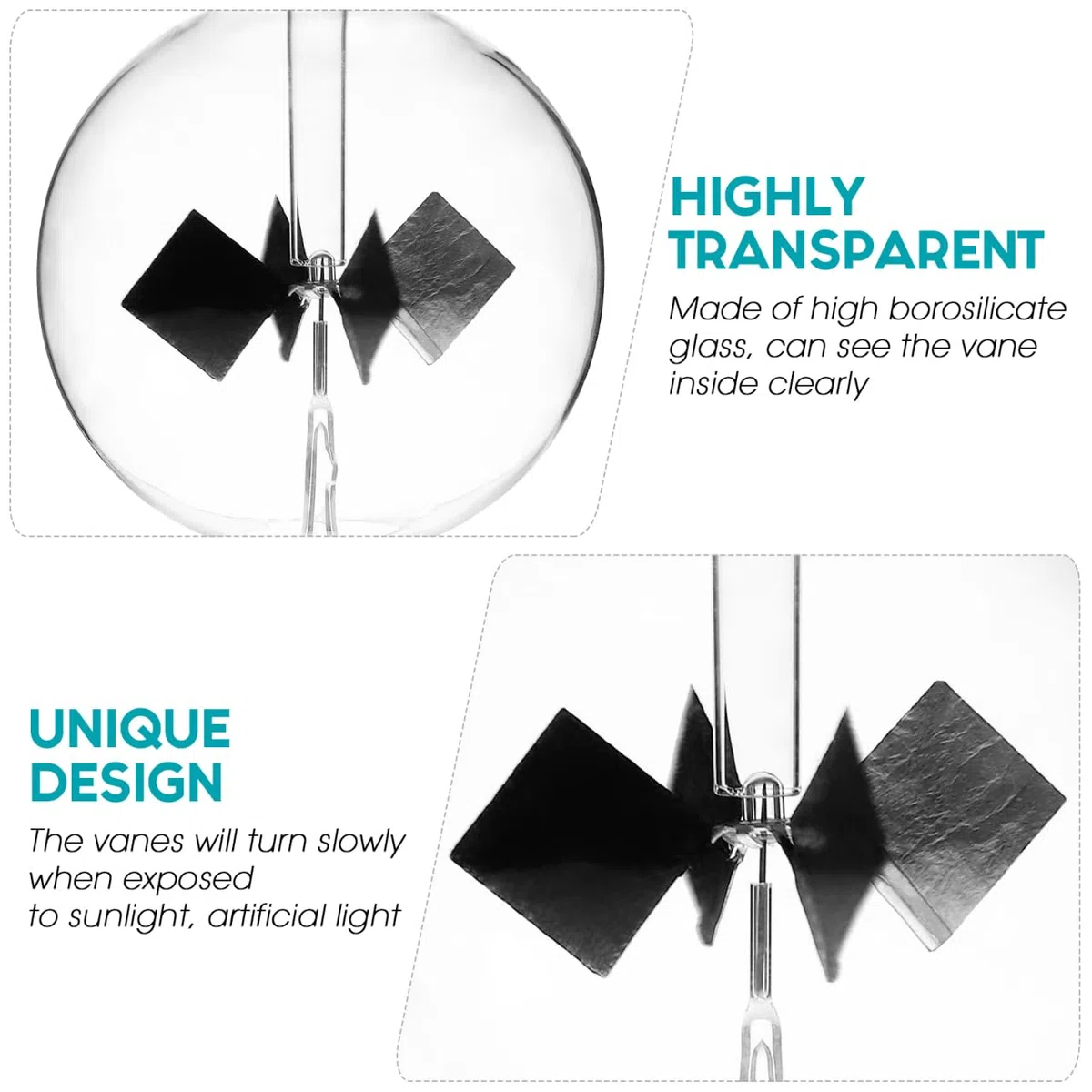 iplusmile Radiomètre Crookes Crystal Solaire Radiomètre Solaire Radiomètre Solaire Puissance Solaire Verre Moulin à Vent Spinning Vile Moulin à Vent de Verre pour La Décoration de Bureau à