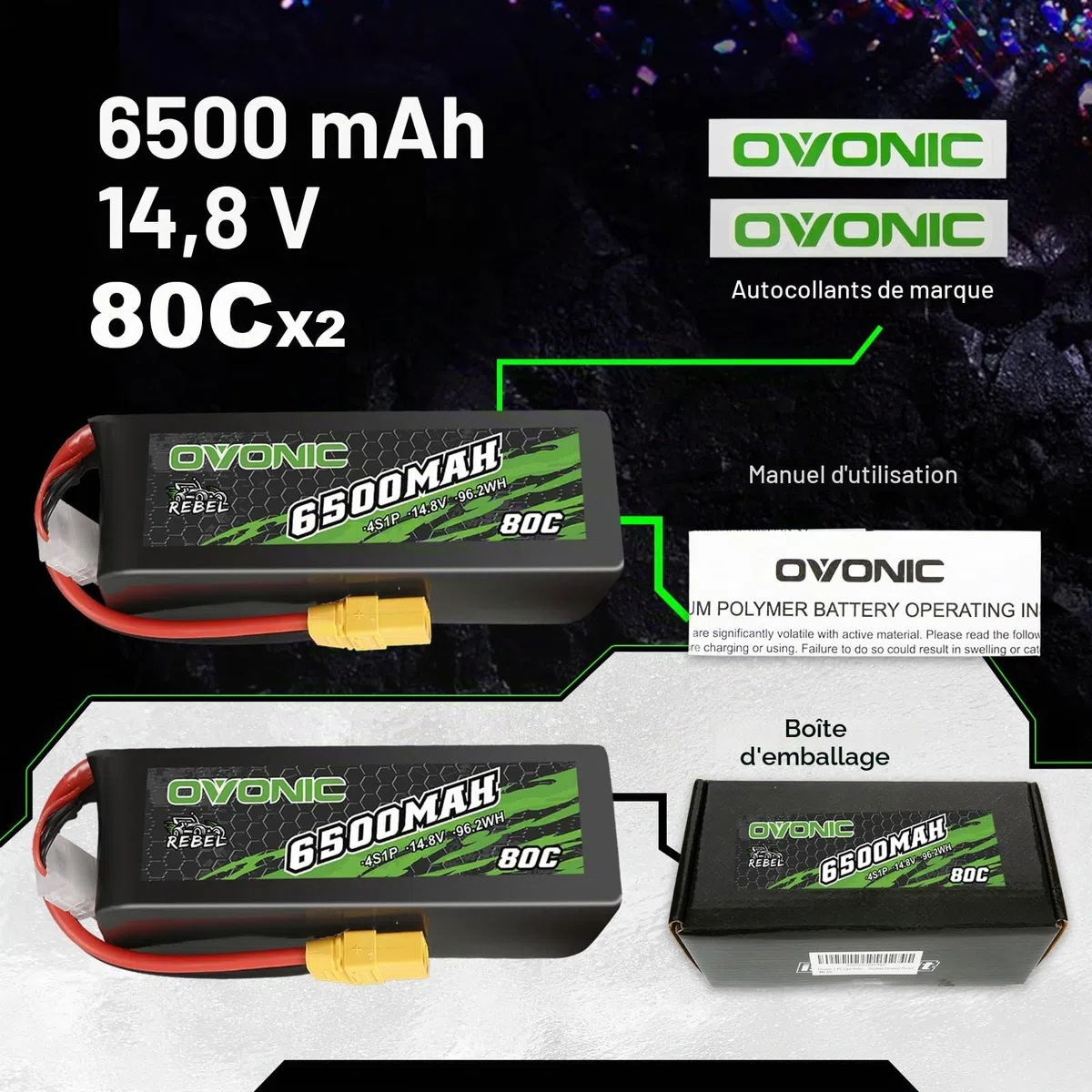 OVONIC Lot de 2 batteries Lipo 4S 6500 mAh 80 C 14,8 V avec prise XT90 pour voiture RC Truggy Buggy RC Hobby