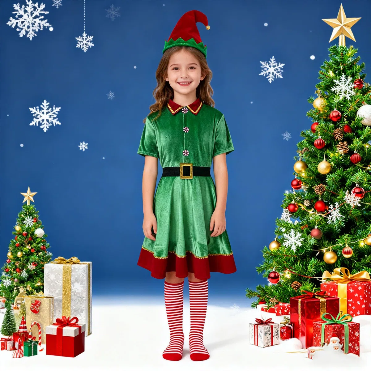 Generisch Costume de Père Noël pour fille : robe, bonnet, chaussettes plus - parfait pour le cosplay, les fêtes de famille.