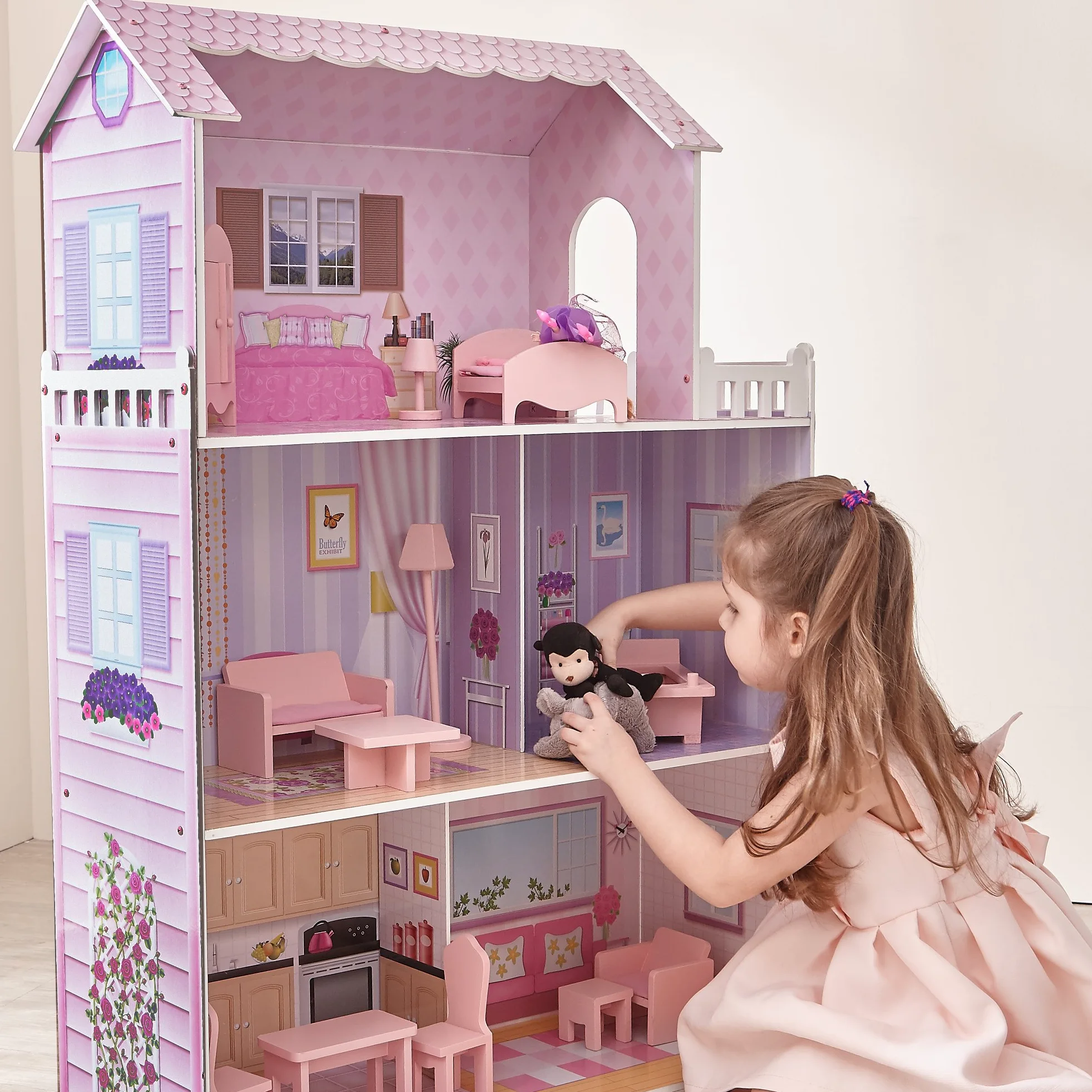 Olivia's Little World Giant Doll House, grande maison de poupée en bois avec mobilier et accessoires, maison de poupées de 3 étages pour enfants, maison de poupées pour des poupées de 12 ", 3 ans +