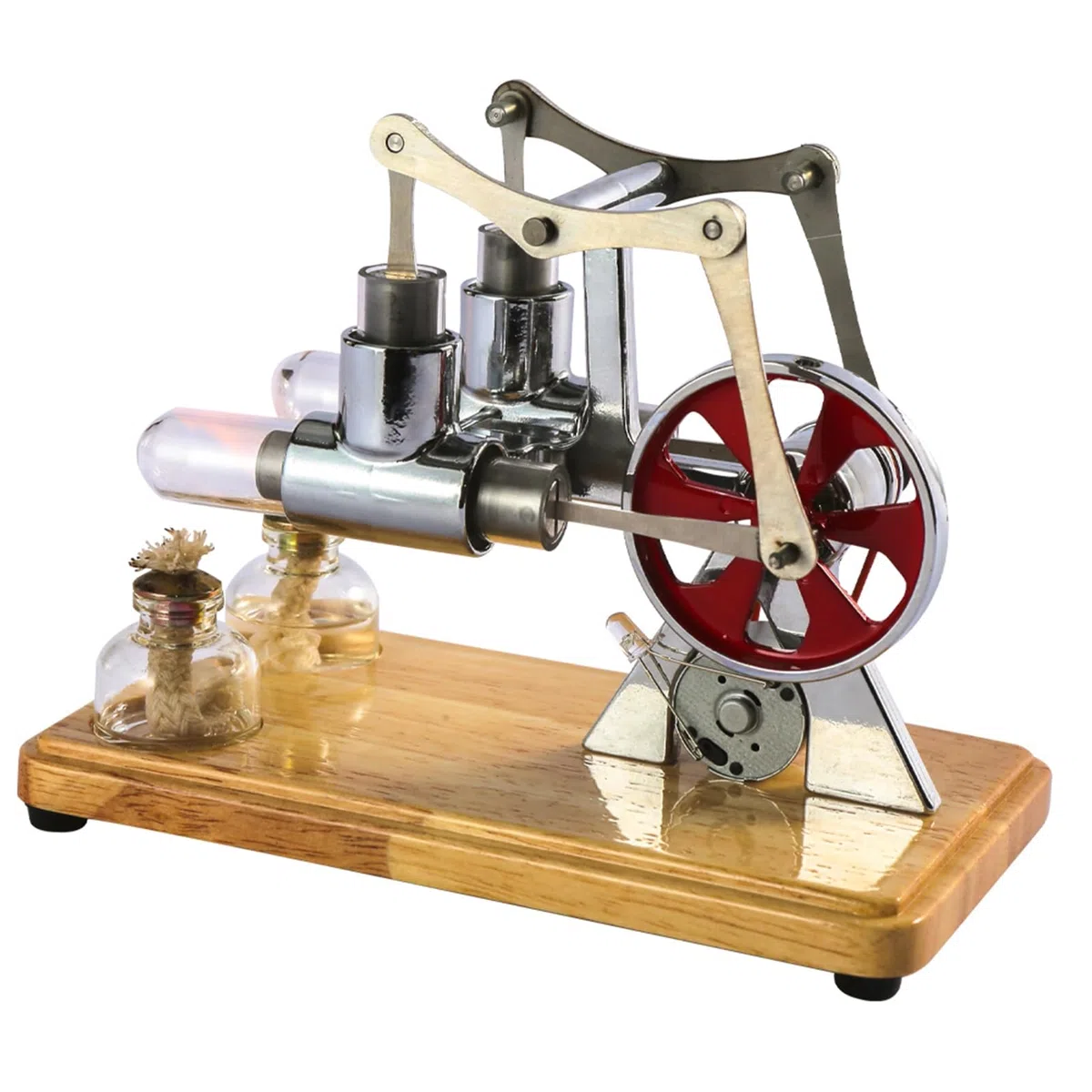 Moteur Stirling, Kit de Moteur Stirling à Double Cylindre équilibré avec Plaque de Base en Chêne et Artisanat Goutte à Goutte pour les Expositions éducatives et le Divertissement