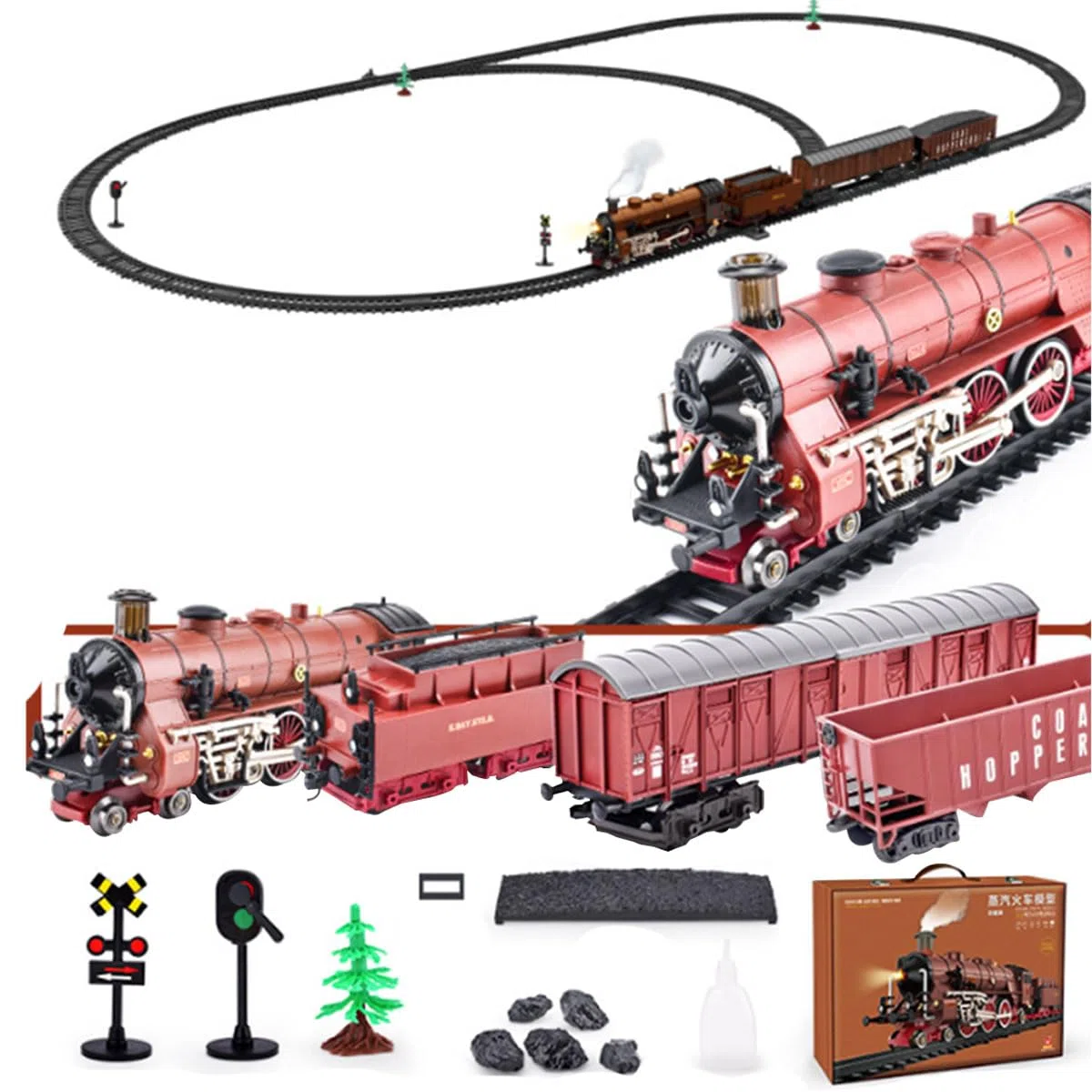 Ensemble de train électrique, modèle de locomotive en alliage avec wagon et longue voie, sifflet/contrôle de la fumée, cadeau amusant pour adolescents et adultes (modèle 22918/rouge)