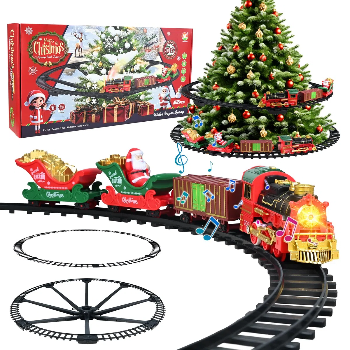 Ulikey Train de sapin de Noël, train de Noël, train de Noël autour de l'arbre, train électrique avec lumière et son, vapeur, jouet pour enfants garçons 3 4 5 6 7 8 Jah