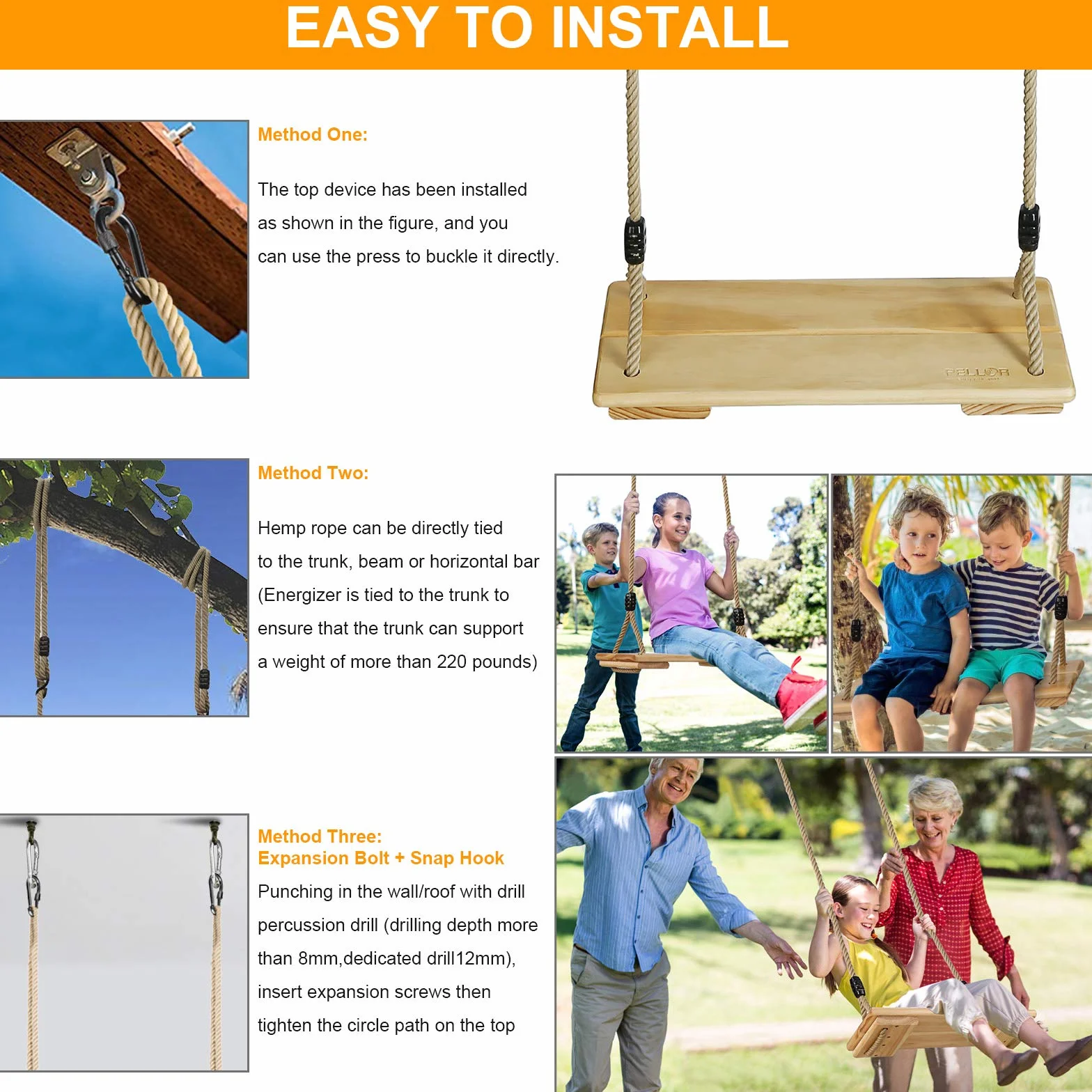 PELLOR Balançoire Enfants Adulte Agres Siège Suspendu Swing Outdoor Arbre Bois Jeux Portique Toboggan Extérieur Intérieur