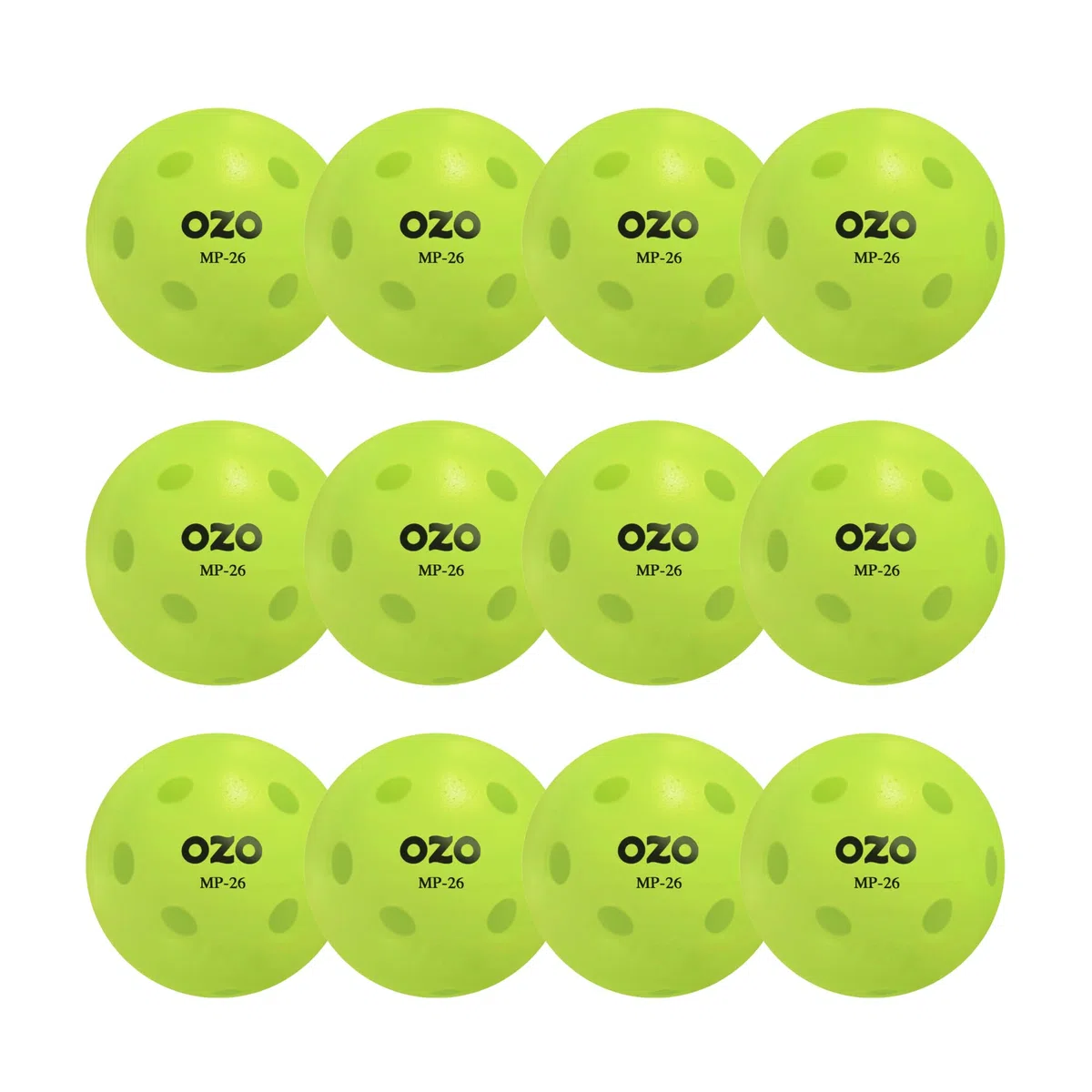 OZO Pickleball - Lot de 12 Balles d'Intérieur, 26 Trous, Moulage par Rotation, Neon Green