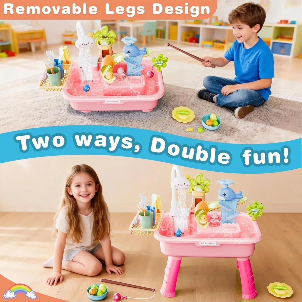 Générique Tables Jeux d'eau d'exterieur pour Enfant, Ensemble de Jeux d'eau et de Sable, évier 4 en 1 avec Eau Courante et Pompe, Jouet Multifonctionnel pour pour Plage, Piscine, Jardin(A)