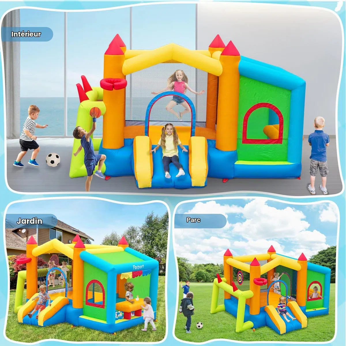 FBSPORT château Gonflable Exterieur Enfant avec souffleur Aire de Jeux Gonflable château Gonflable Piscine Meilleur Cadeau de Vacances/d'anniversaire pour Les Enfants