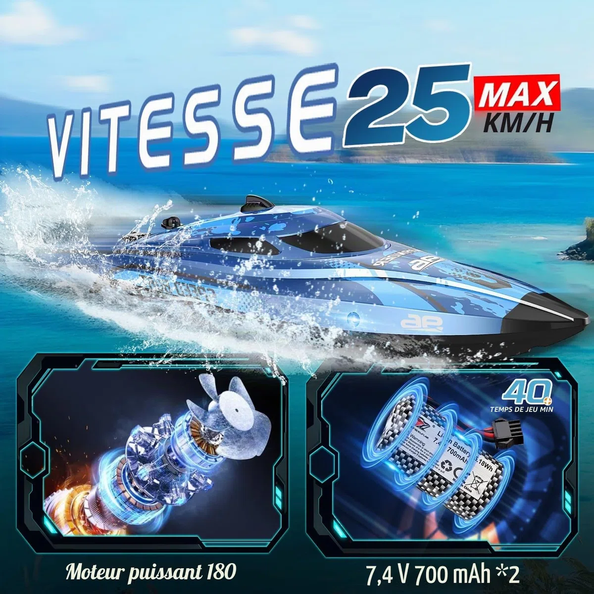 25 KM/H Bateau Télécommandé avec Lumière LED, 2,4 GHz Bateau Telecommandé Enfant, Bateaux Telecommande avec 2 Batteries pour 40 Minutes de Temps de Jeu, Cadeaux d'été pour Garçons et Filles (Bleu)