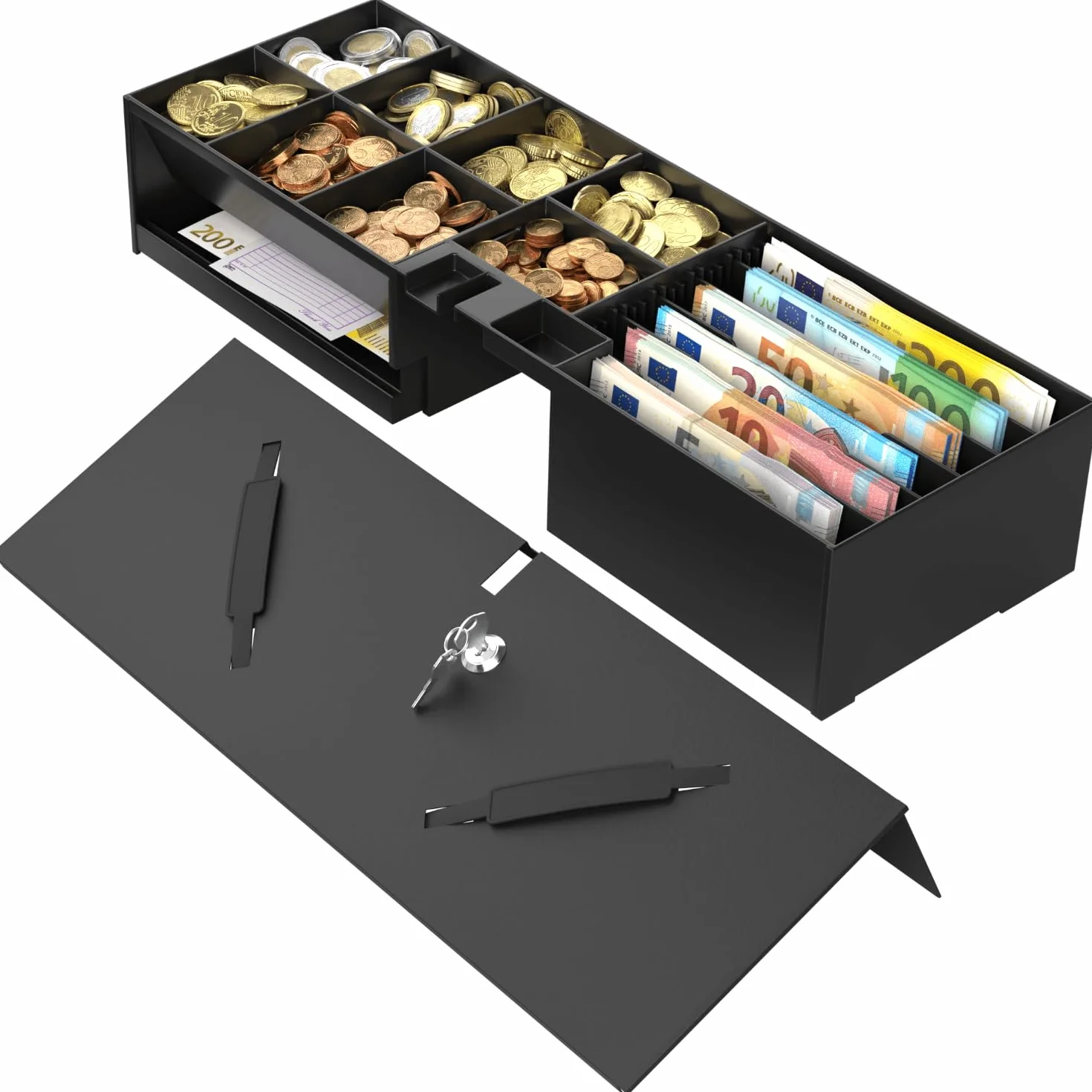 Intérieur avec couvercle et serrure pour tiroir en espèces Flip-Top ouverture verticale automatique pour imprimante POS et caisse enregistreuse, 5 billets - 8 pièces - Universel