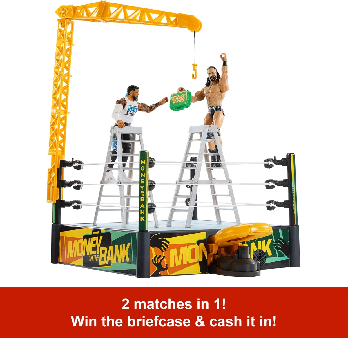 WWE JGR83 Ensemble de Jeu Money in The Bank avec 2 Modes de Jeu et Plus de 40 Sons et Phrases, Comprend Une Grue de Lanceur, des échelles et Une Mallette, 33 x 50,8 cm