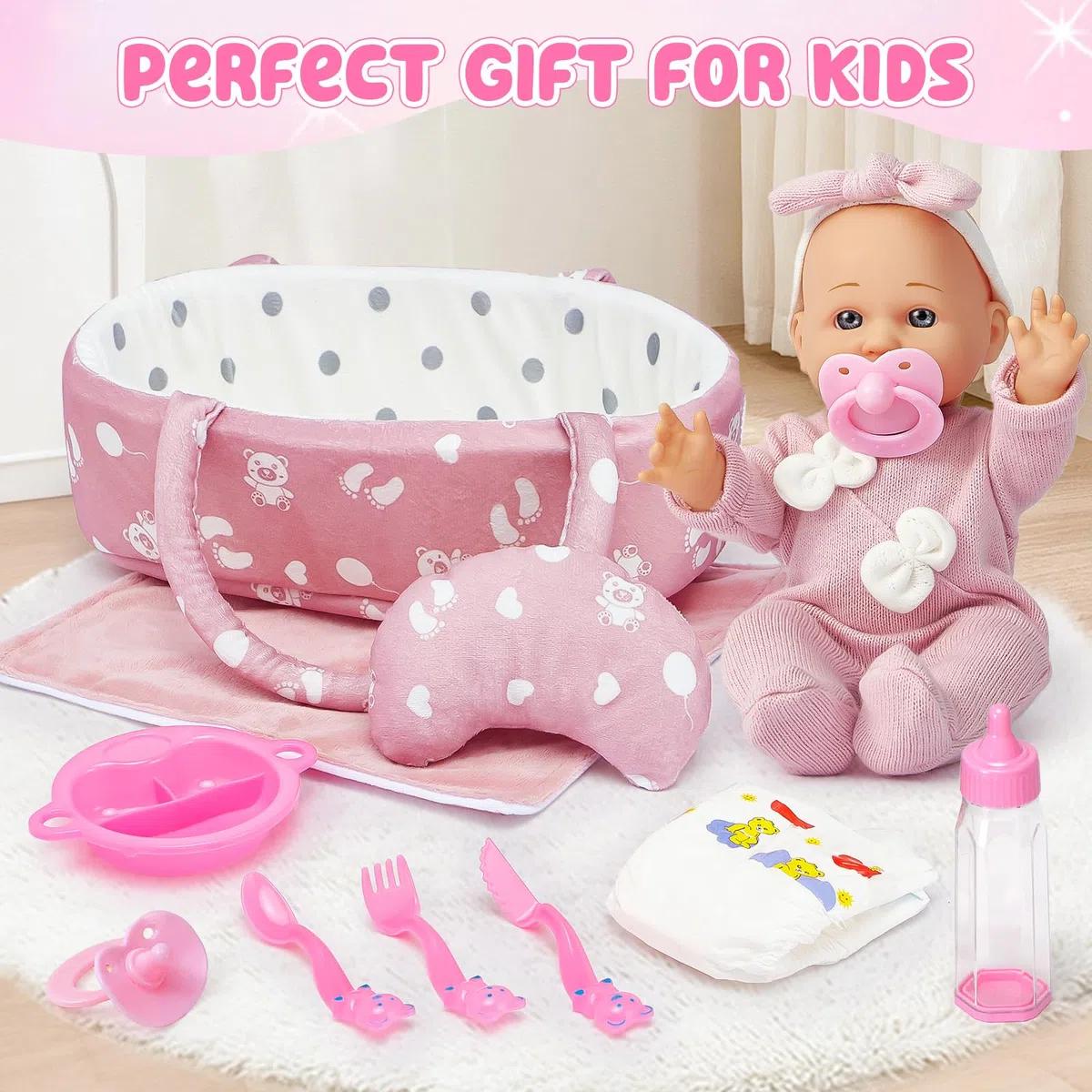 vamei Accessoire Poupon pour Poupon Bébé, Lit Portable pour Poupée avec Vêtements de Poupée & Couches pour Poupee Bébé & Sac à Langer & Biberon & Tétine, Cadeau pour Fille 2 3 4 5 an