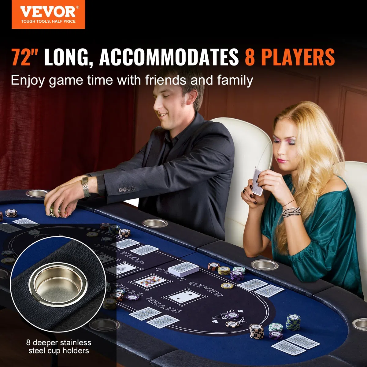 VEVOR Table de Poker Pliable 183 cm pour 8 Joueurs Table de Casino Blackjack Texas Holdem avec Rails Rembourrés et Porte-Gobelets en Acier Inoxydable Table de Jeu de Cartes Jeu de Société Maison