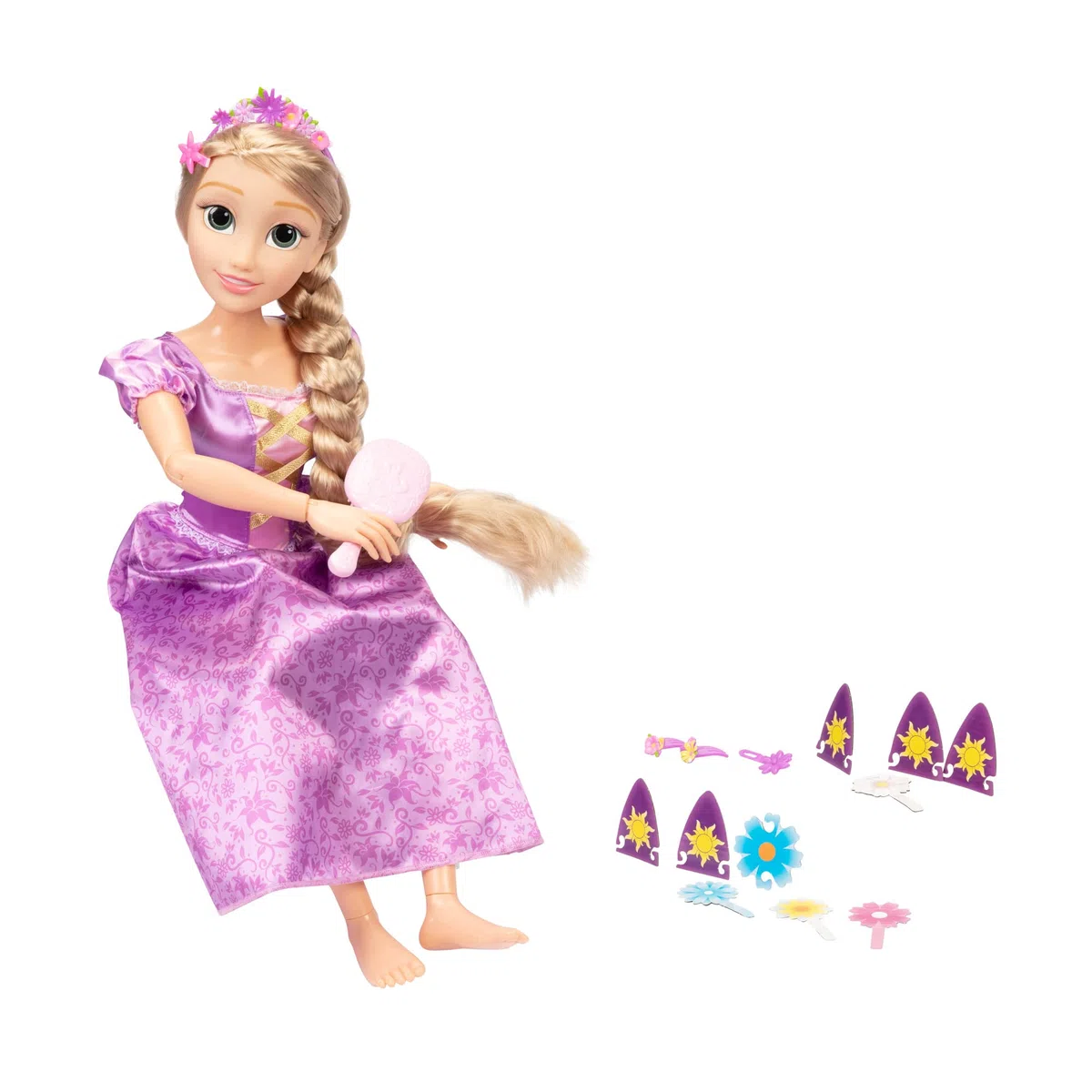 Disney Princesses - Grande Poupée Articulée Raiponce avec Accessoires - 80 Cm - Tresse Soyeuse - Licence Officielle - Posable - Accessoire coiffures Inclus - Cadeau Poupée Enfant - 3 Ans +