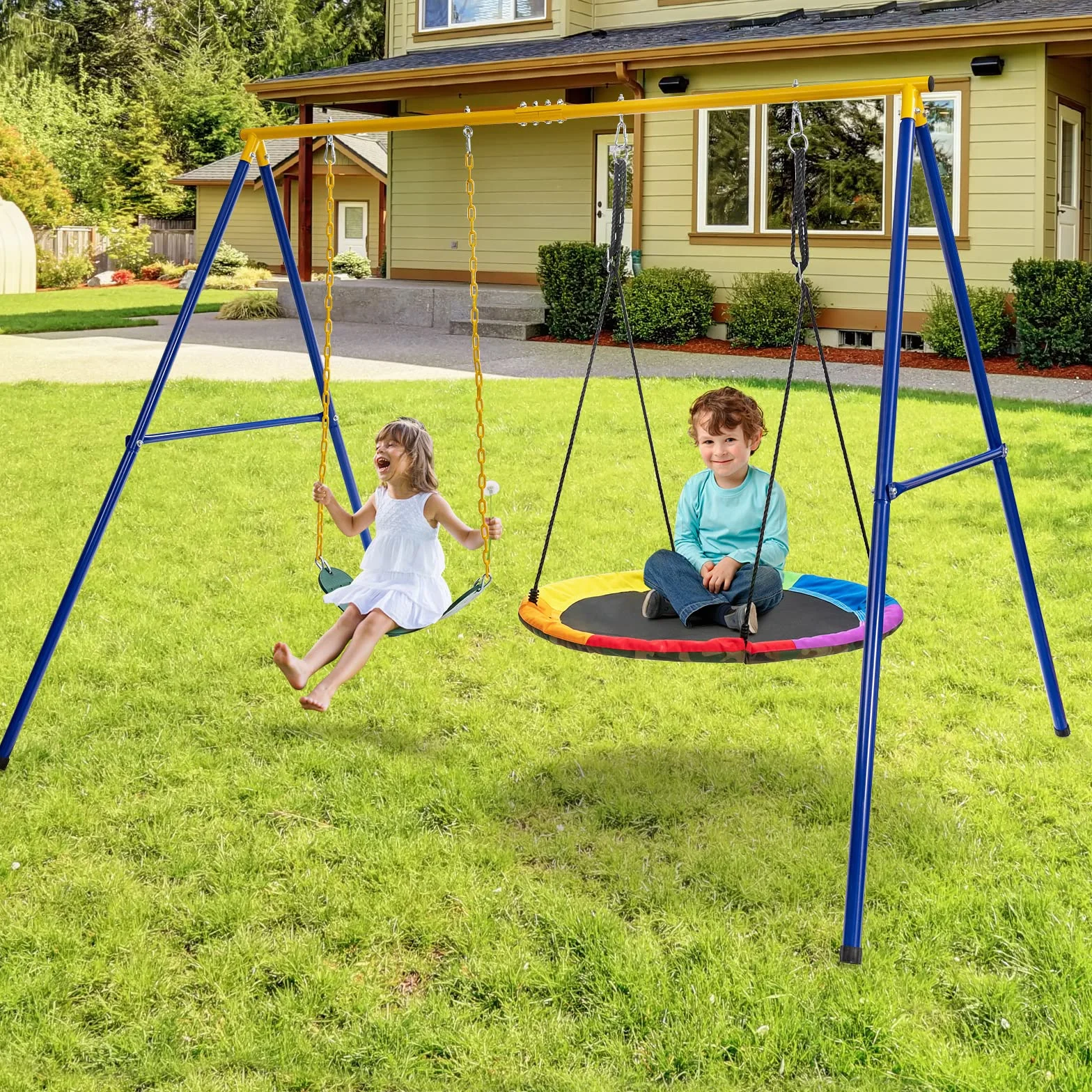 COSTWAY Portique Balançoire Extérieur en Métal avec 2 Balançoires, Balançoire Enfant Extérieur avec Cadre en Forme A & Cordes Réglables, Charge Max 300kg pour Adulte et Enfant de 3 Ans+