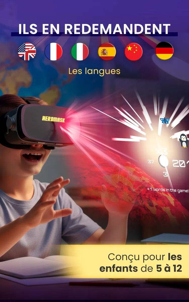 Heromask Casque VR Enfant 5-12 Ans · Jeux de Langues Réalité Virtuelle | Anglais, espagnol et allemand en jouant en VR. iPhone/Android. Cadeau original éducatif pour enfant